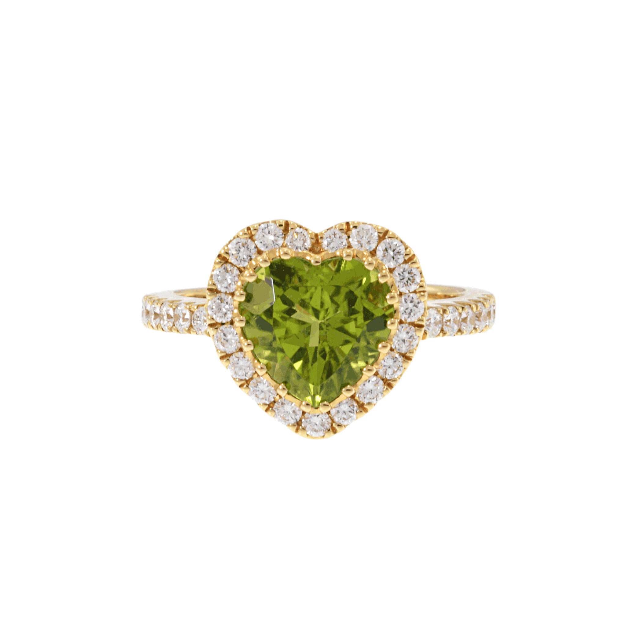 14KT Yellow Gold Heart Shaped Peridot and Diamond Ring