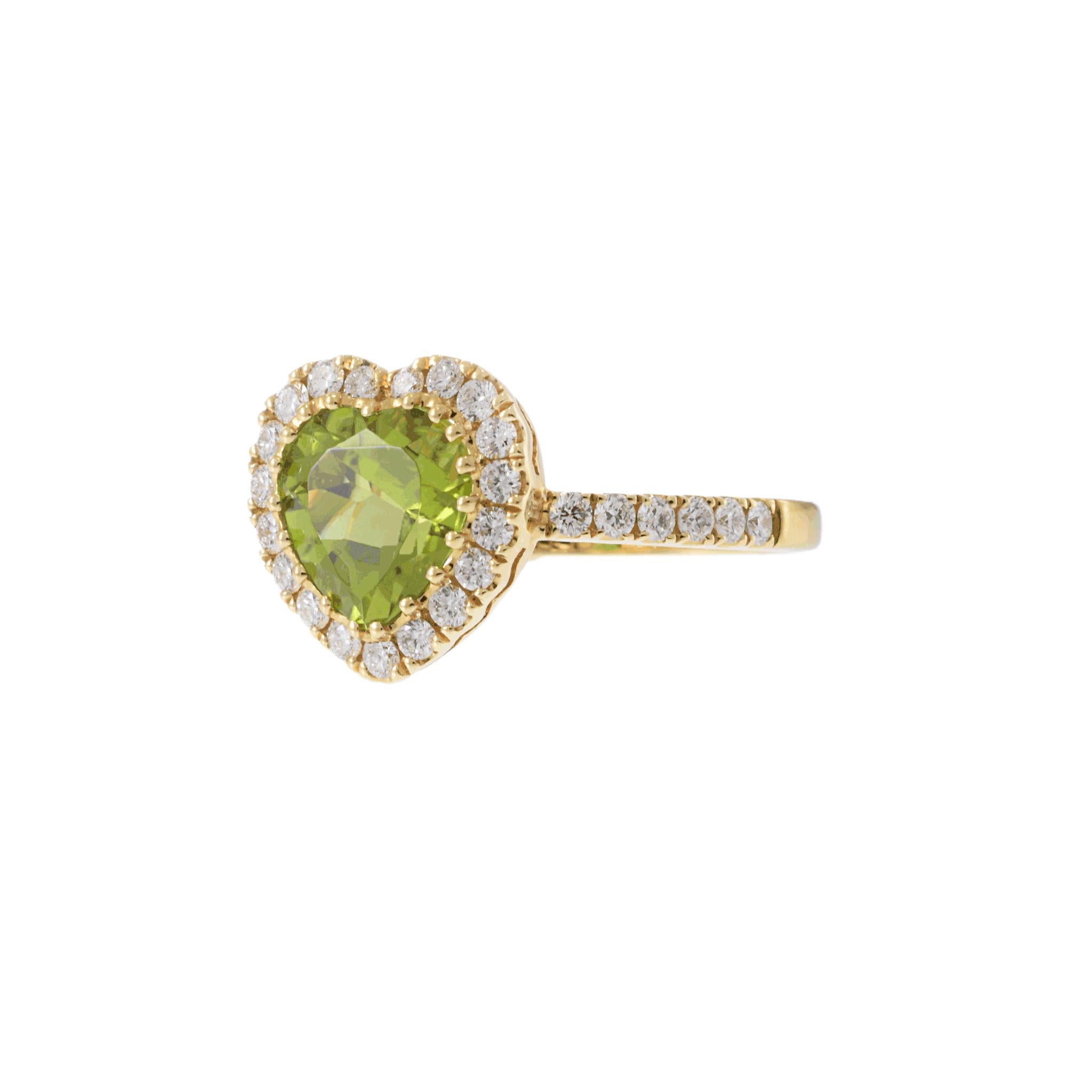 14KT Yellow Gold Heart Shaped Peridot and Diamond Ring