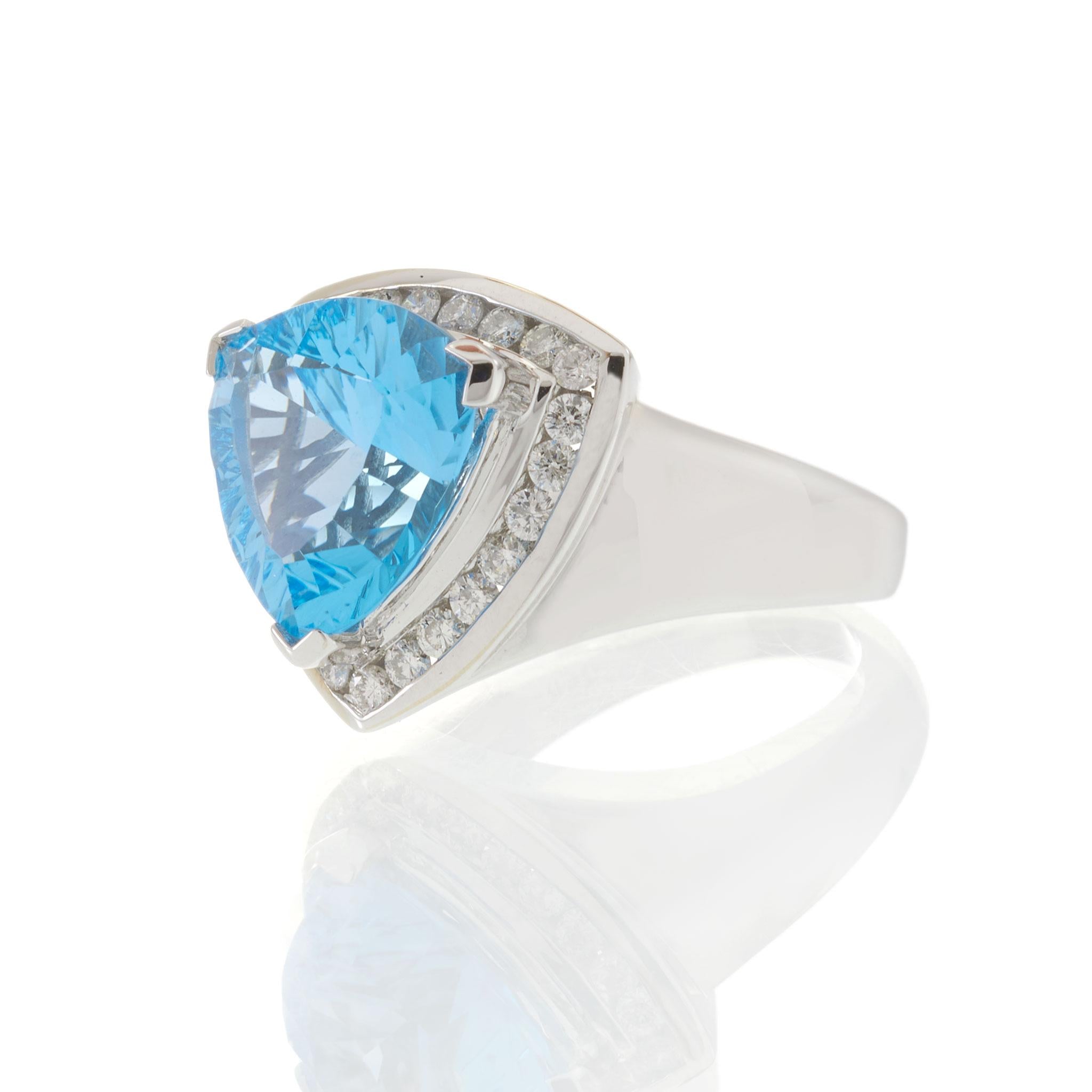 14KT White Gold Trillion Cut 6.15CT Blue Topaz and Diamond Halo Ring