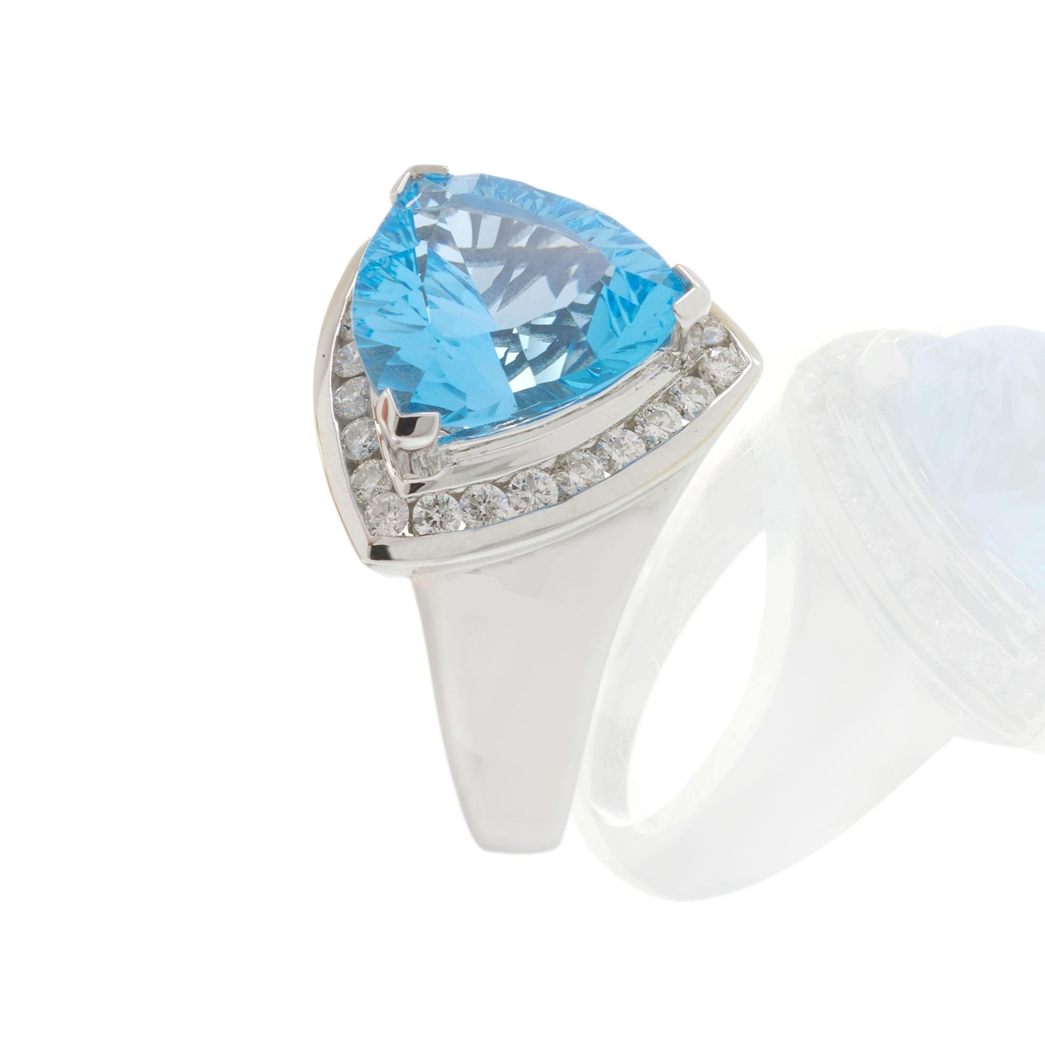 14KT White Gold Trillion Cut 6.15CT Blue Topaz and Diamond Halo Ring