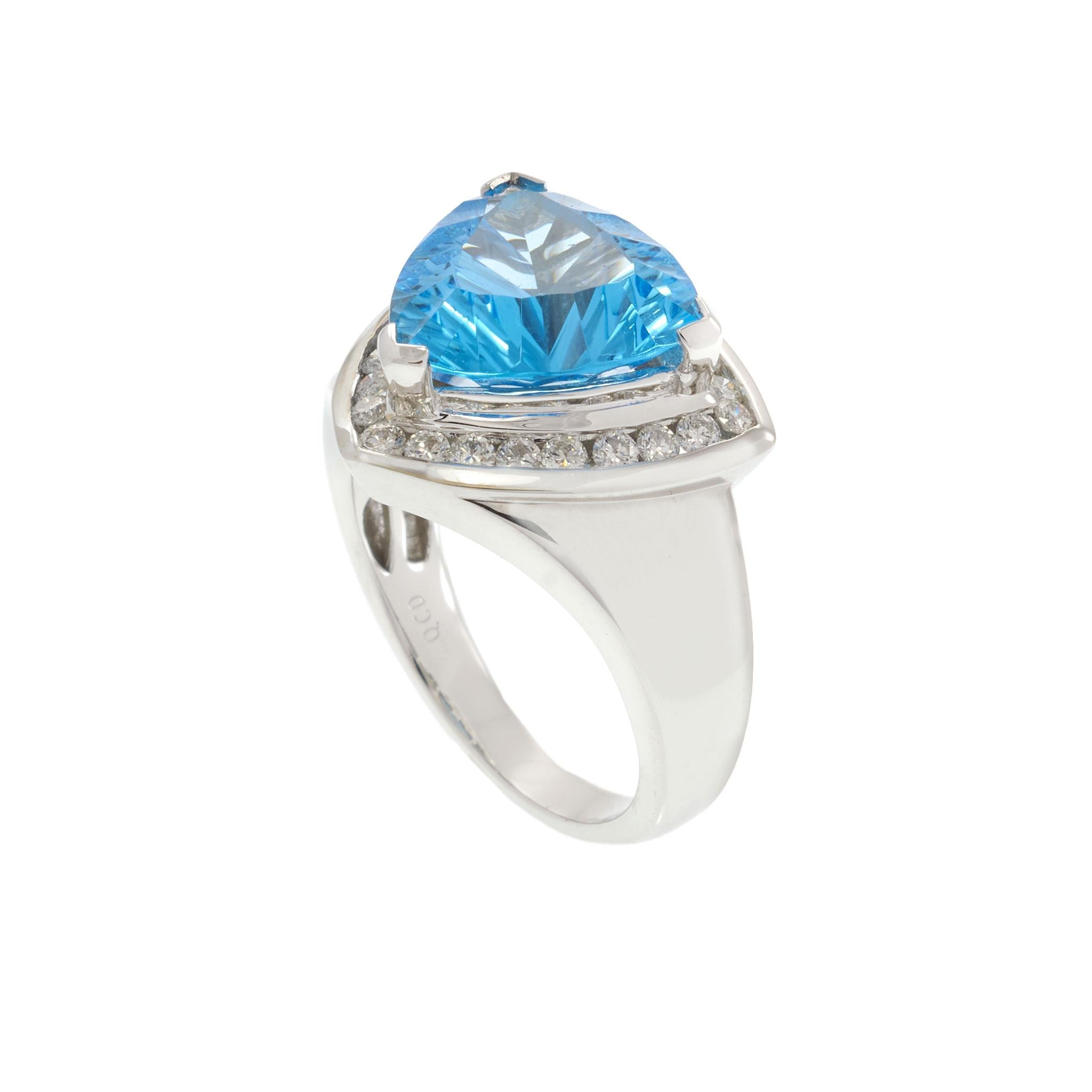 14KT White Gold Trillion Cut 6.15CT Blue Topaz and Diamond Halo Ring