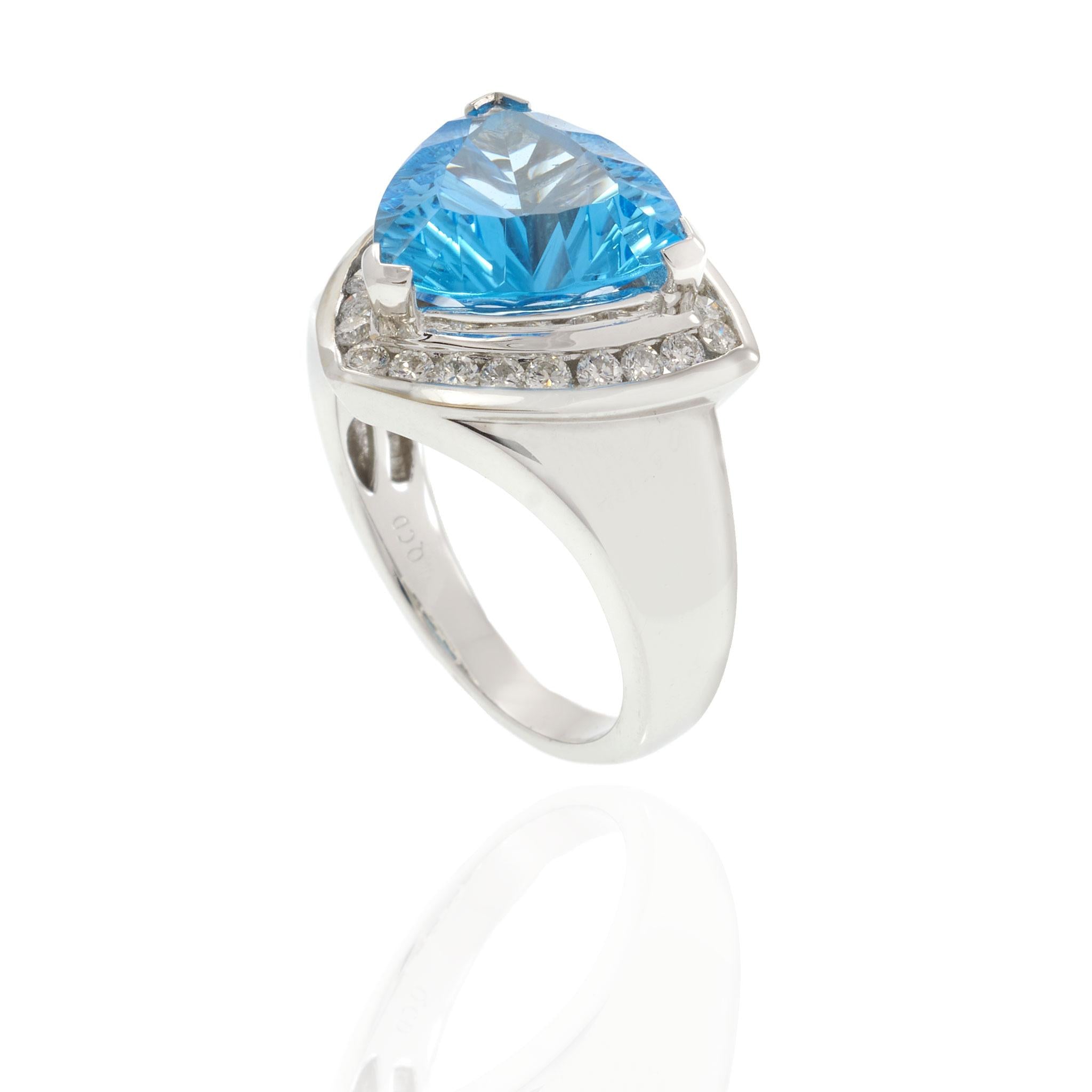 14KT White Gold Trillion Cut 6.15CT Blue Topaz and Diamond Halo Ring