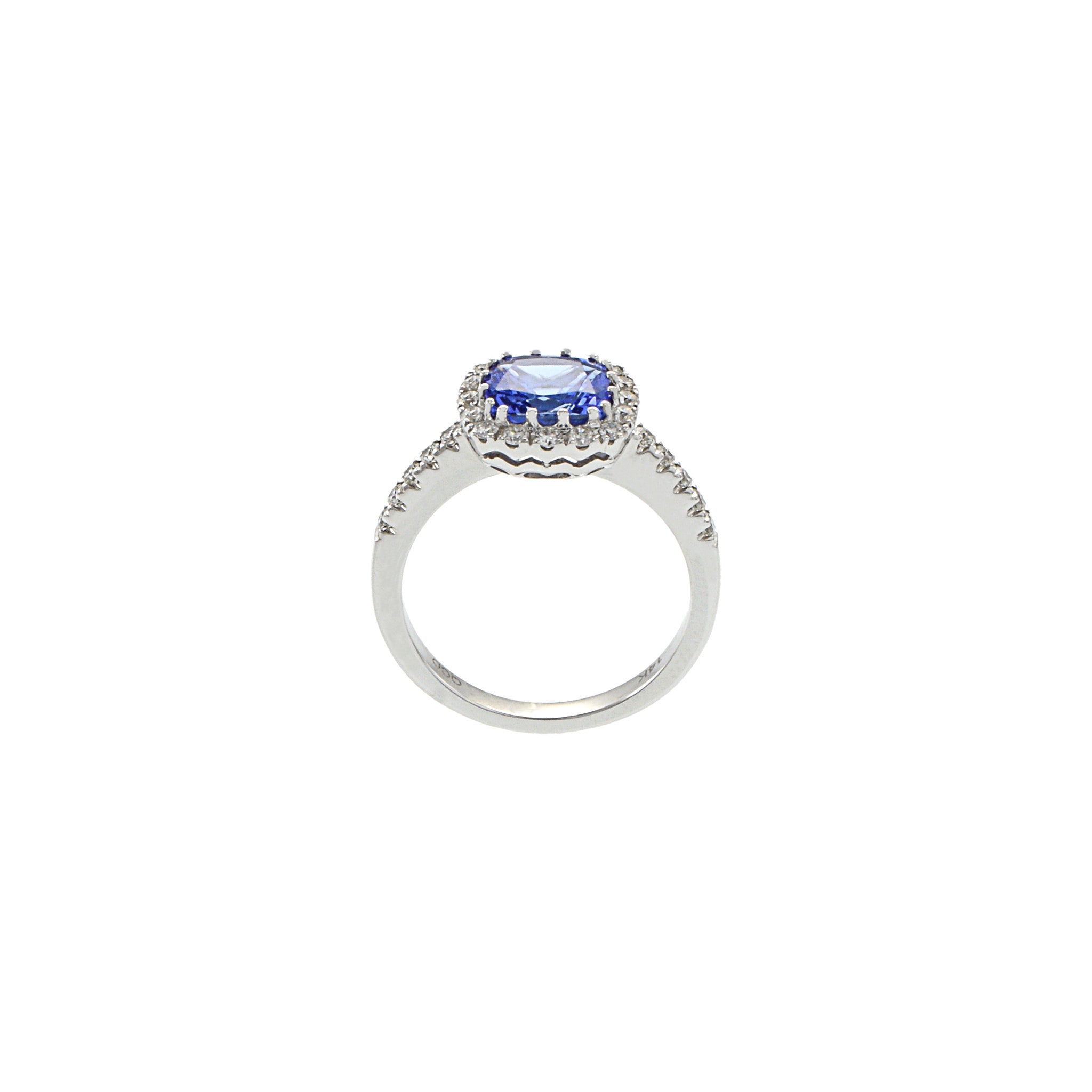 14KT White Gold Cushion Tanzanite And Diamond Ring