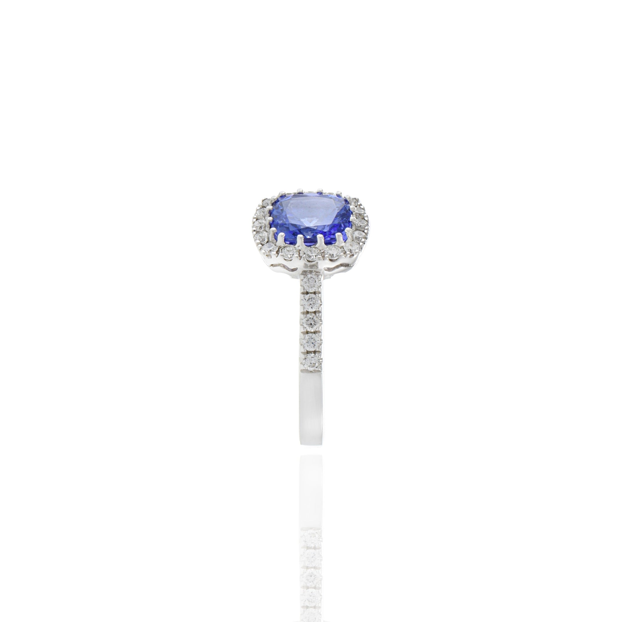 14KT White Gold Cushion Tanzanite And Diamond Ring