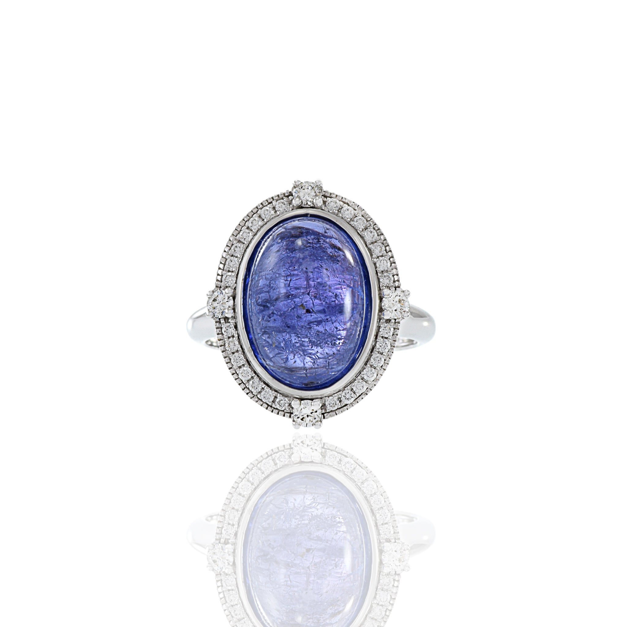 14KT White Gold Oval Cabochon Tanzanite And Diamond Ring