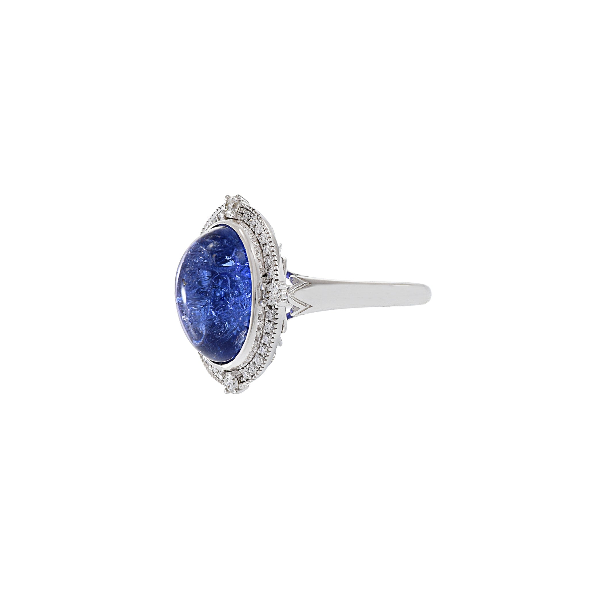 14KT White Gold Oval Cabochon Tanzanite And Diamond Ring