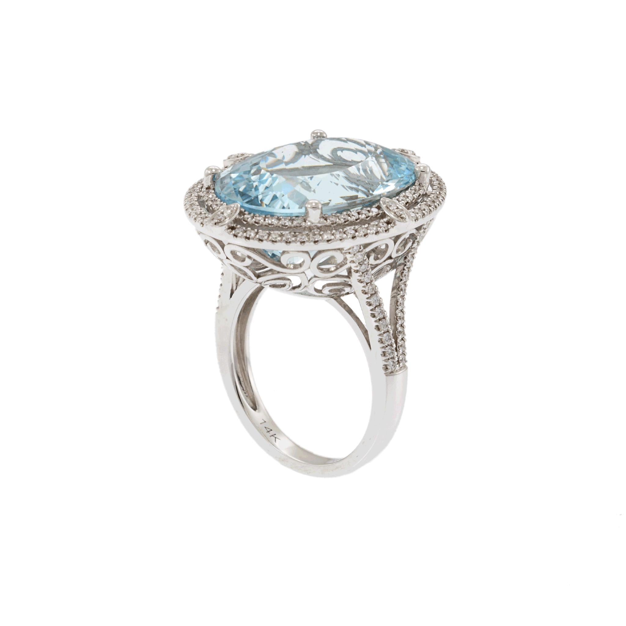 14KT White Gold Aquamarine and Diamond Cocktail Ring