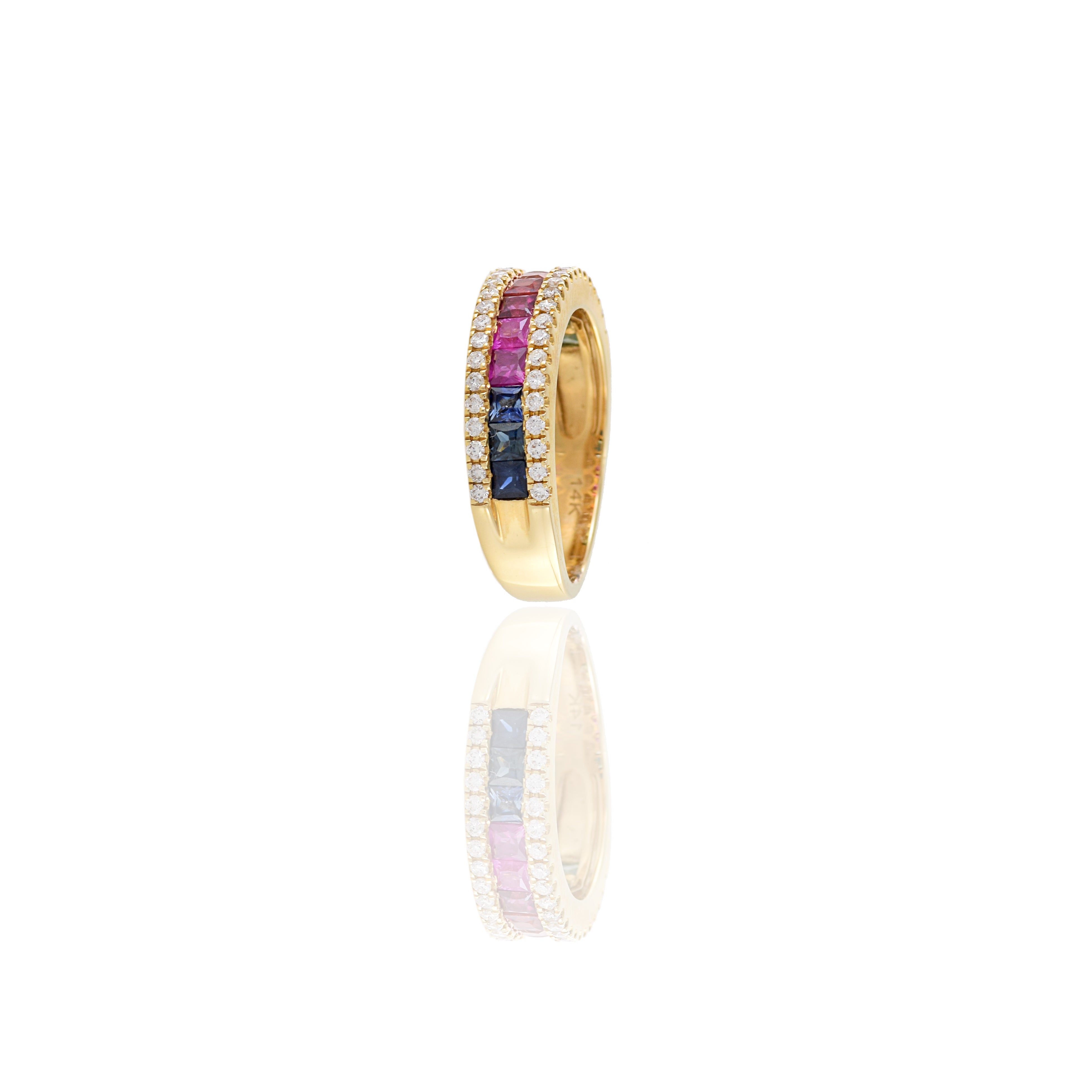 14KT Yellow Gold Multi Colored Sapphire And Diamond Band