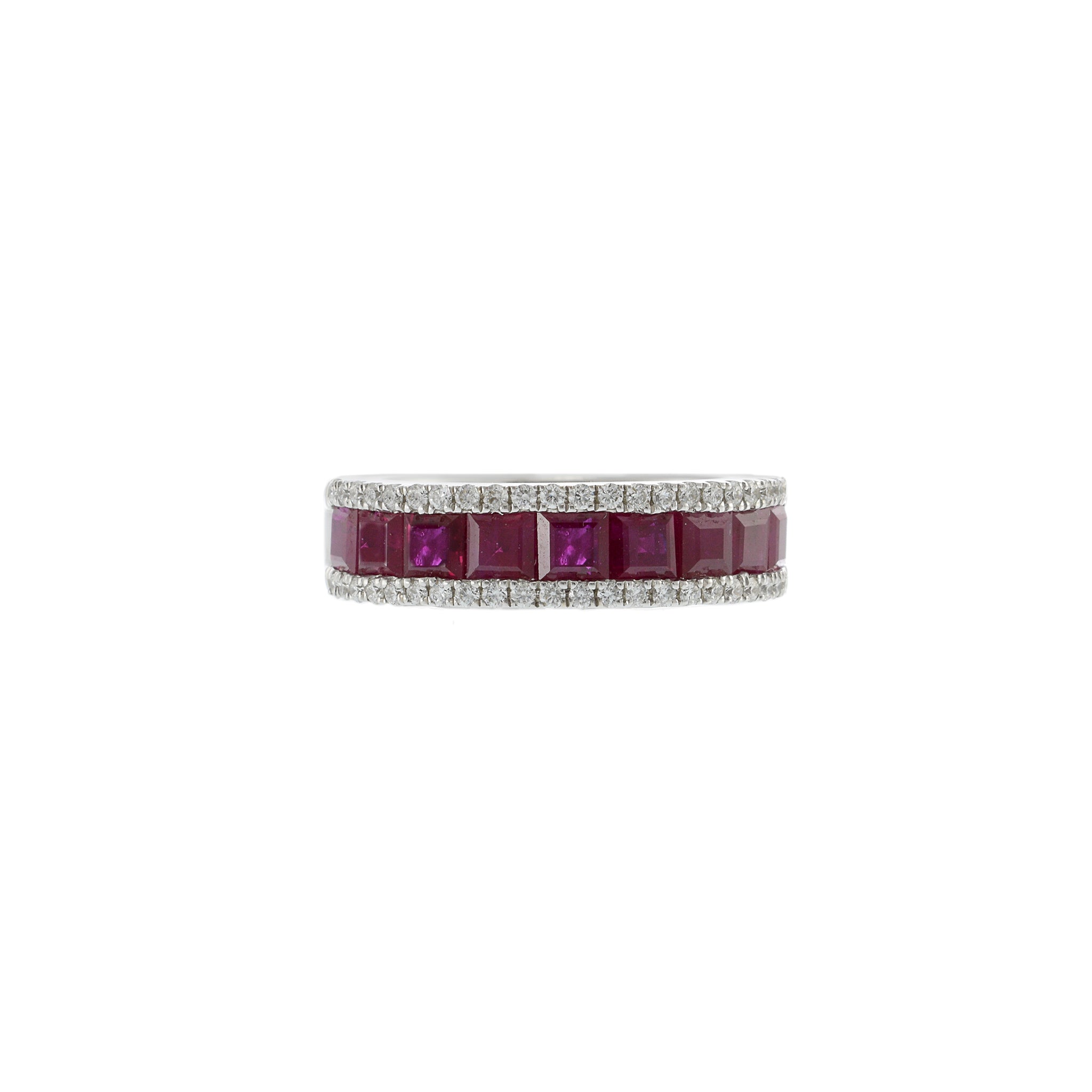 14KT White Gold Band with Square Cut Rubies and Round Cut Diamond Sides