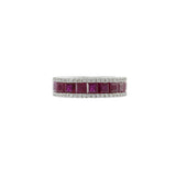 14KT White Gold Band with Square Cut Rubies and Round Cut Diamond Sides