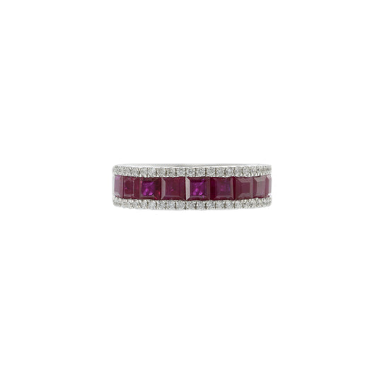 14KT White Gold Band with Square Cut Rubies and Round Cut Diamond Sides