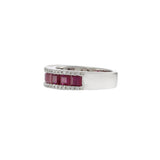 14KT White Gold Band with Square Cut Rubies and Round Cut Diamond Sides