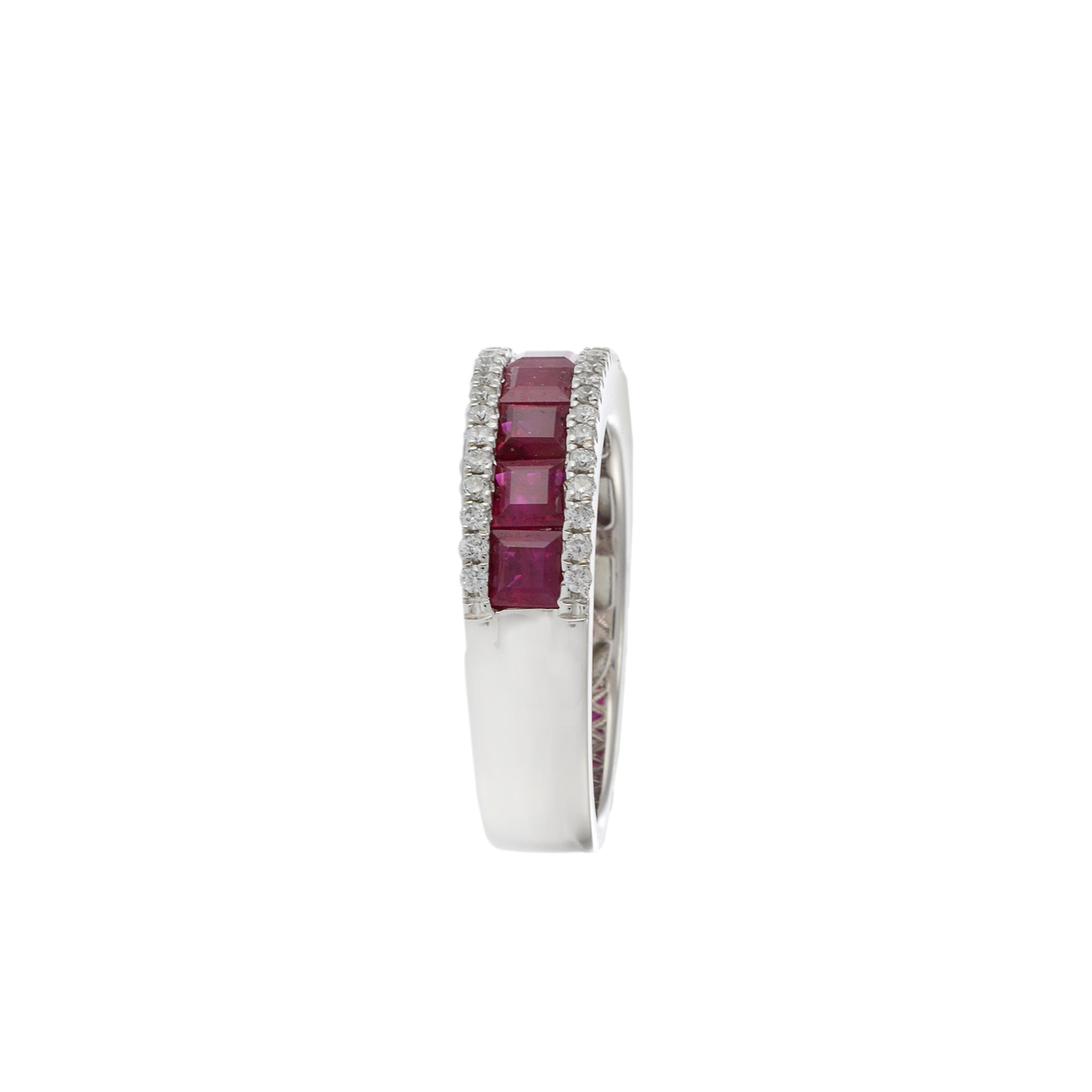 14KT White Gold Band with Square Cut Rubies and Round Cut Diamond Sides