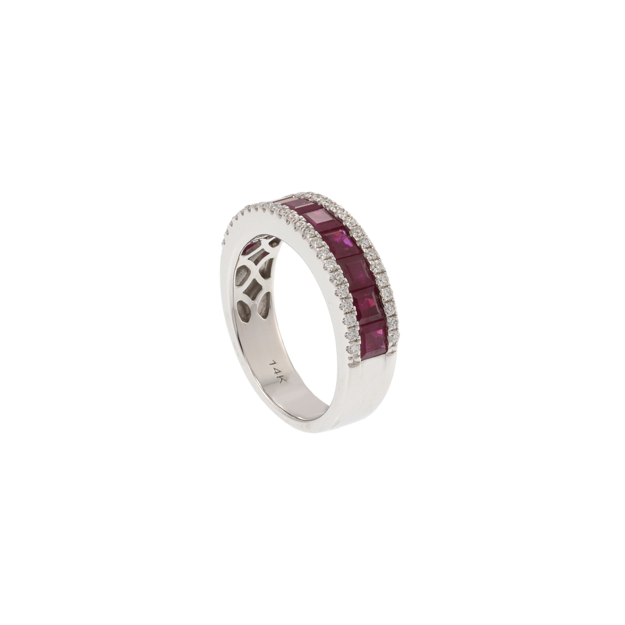 14KT White Gold Band with Square Cut Rubies and Round Cut Diamond Sides