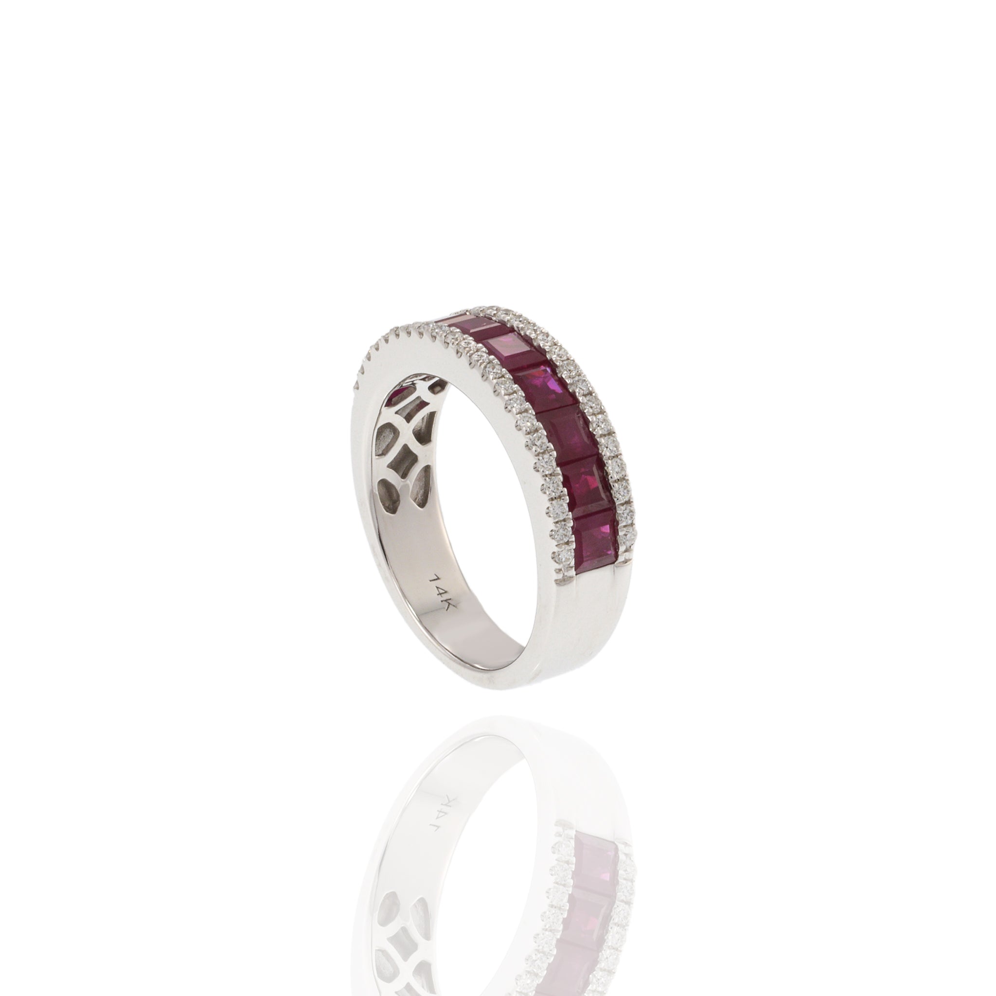 14KT White Gold Band with Square Cut Rubies and Round Cut Diamond Sides