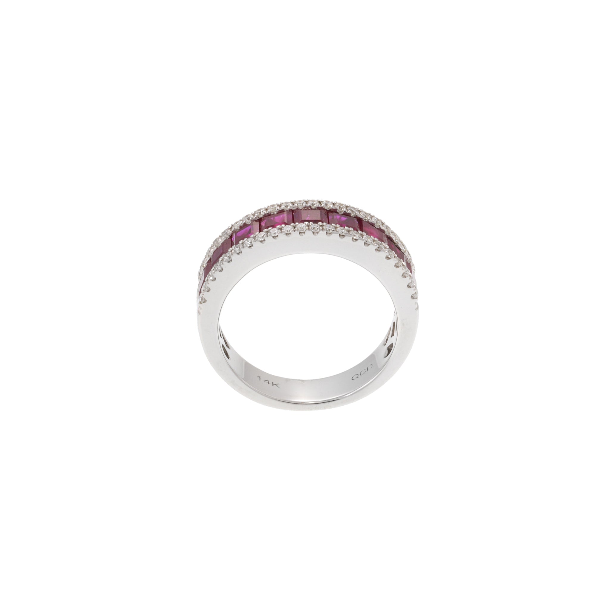 14KT White Gold Band with Square Cut Rubies and Round Cut Diamond Sides