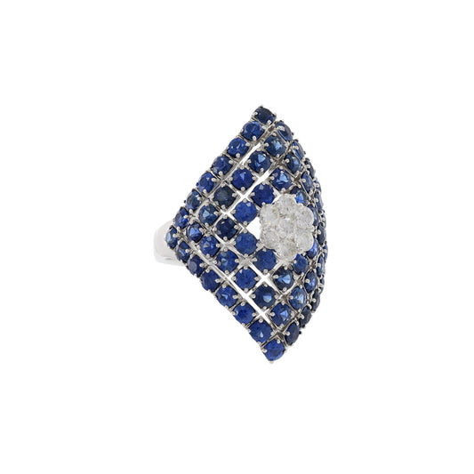 14KT White Gold Blue Sapphire and Diamond Flower Center Ring