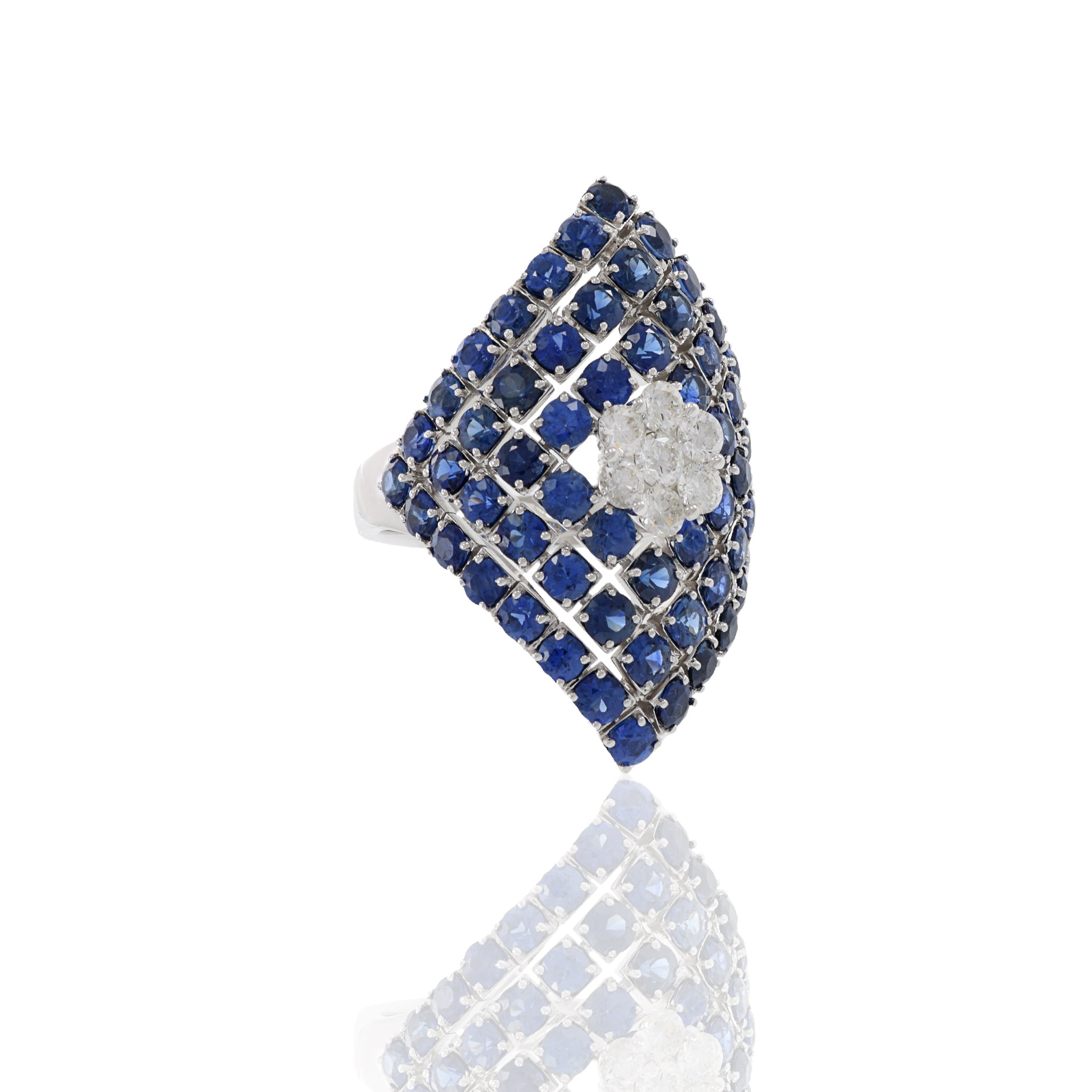 14KT White Gold Blue Sapphire And Diamond Flower Center Ring