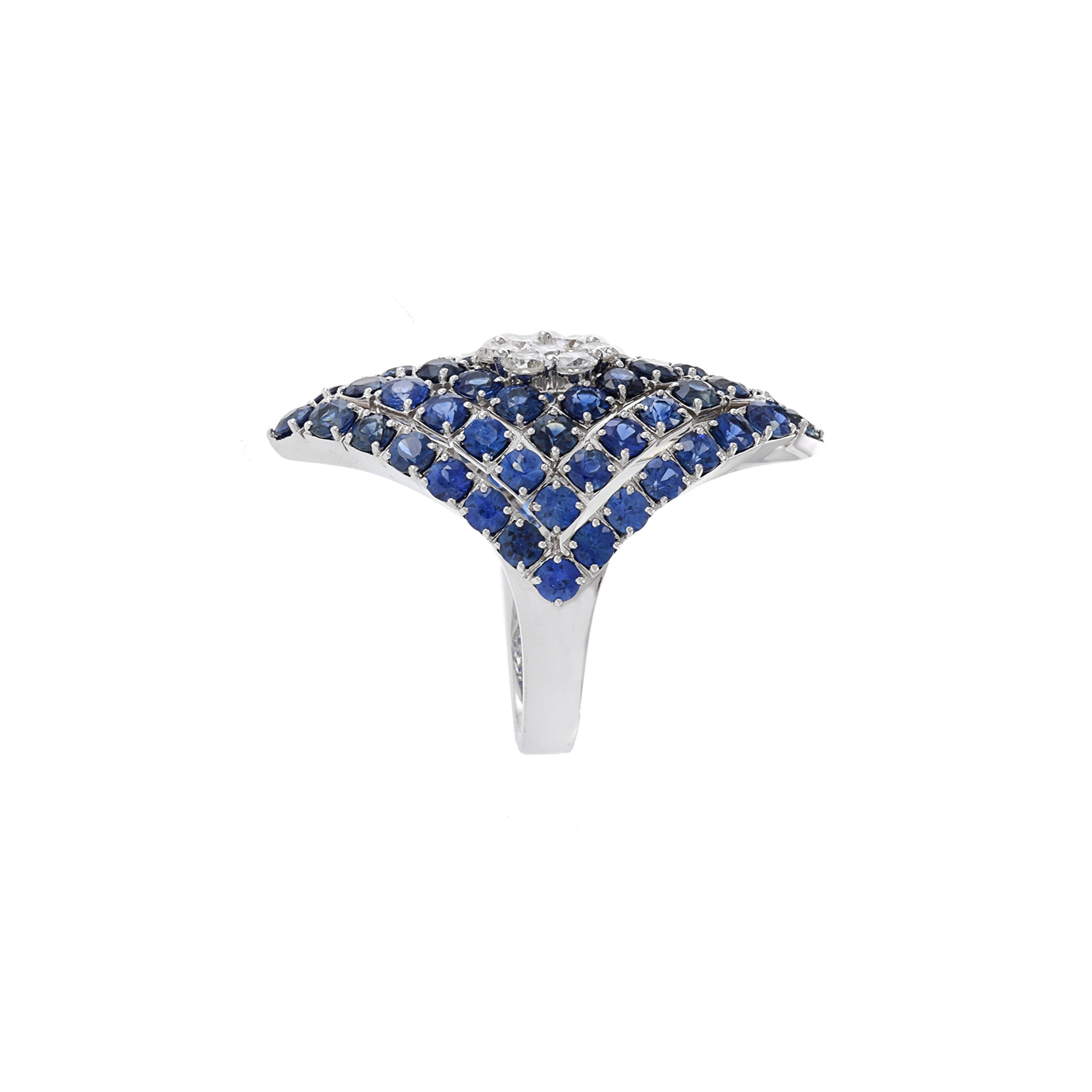 14KT White Gold Blue Sapphire And Diamond Flower Center Ring