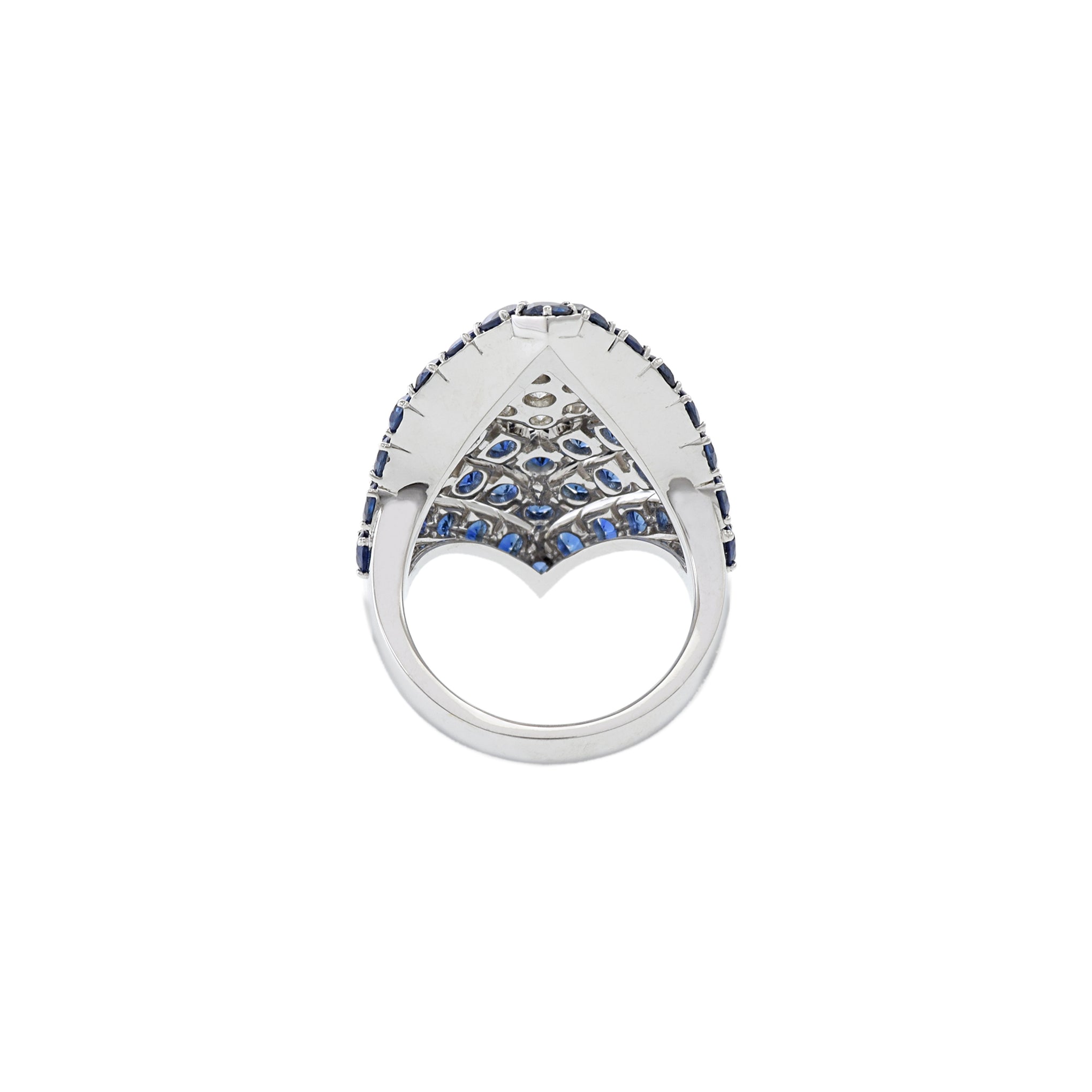 14KT White Gold Blue Sapphire And Diamond Flower Center Ring