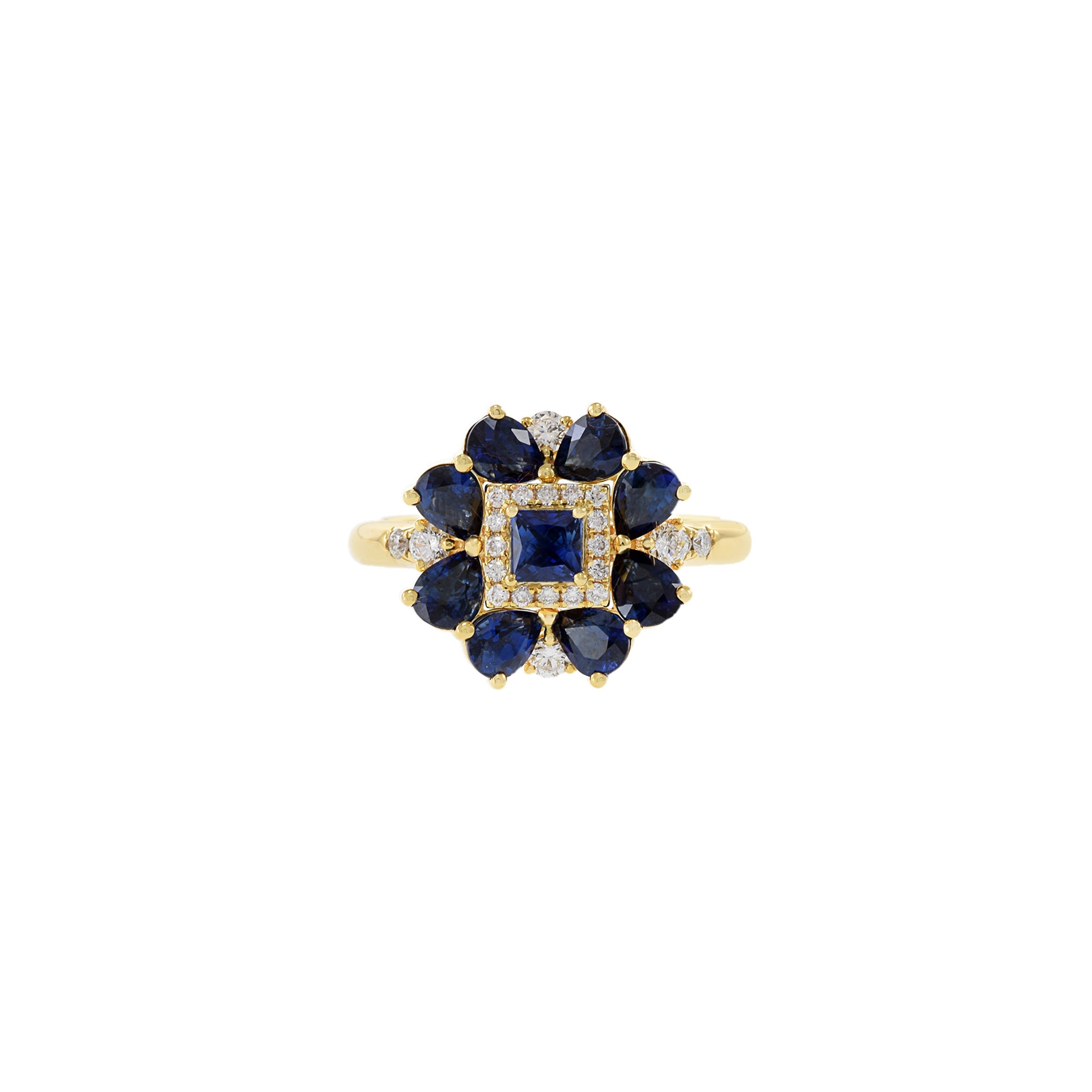 14KT Yellow Gold Blue Sapphire And Diamond Flower Ring