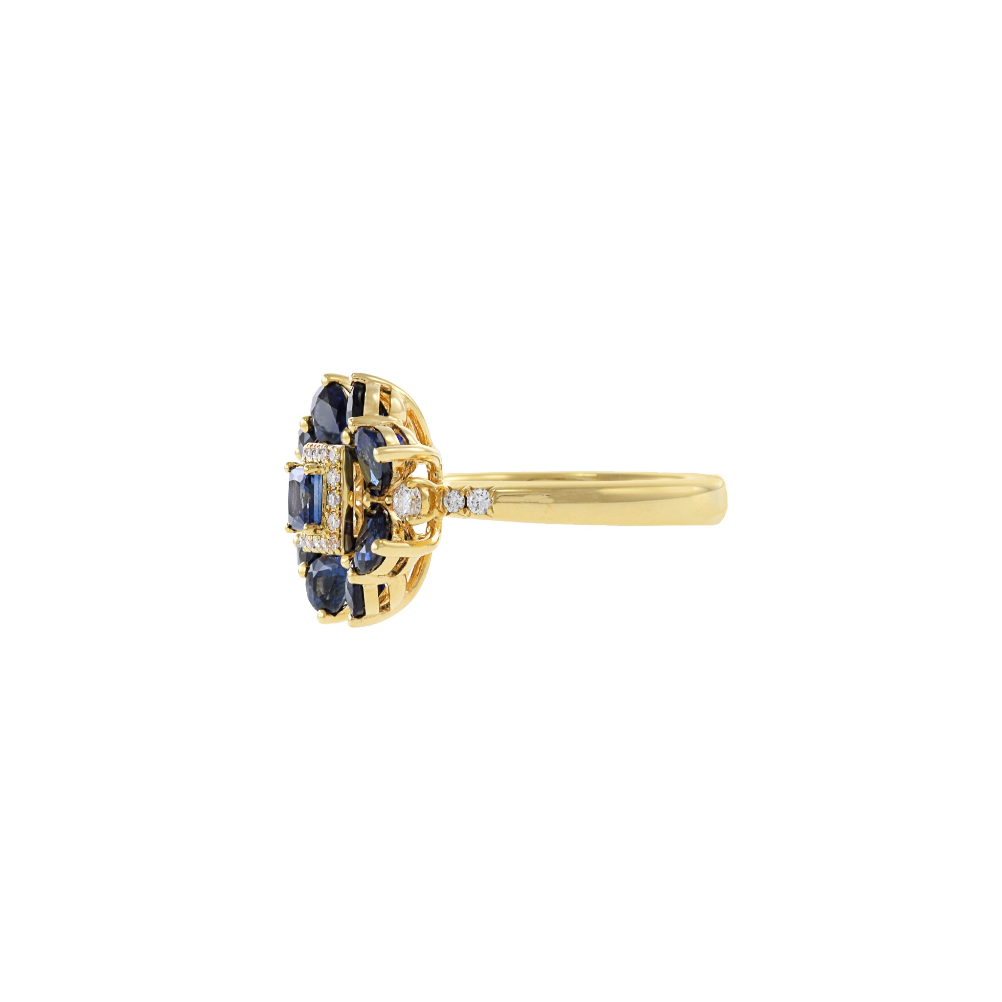 14KT Yellow Gold Blue Sapphire And Diamond Flower Ring