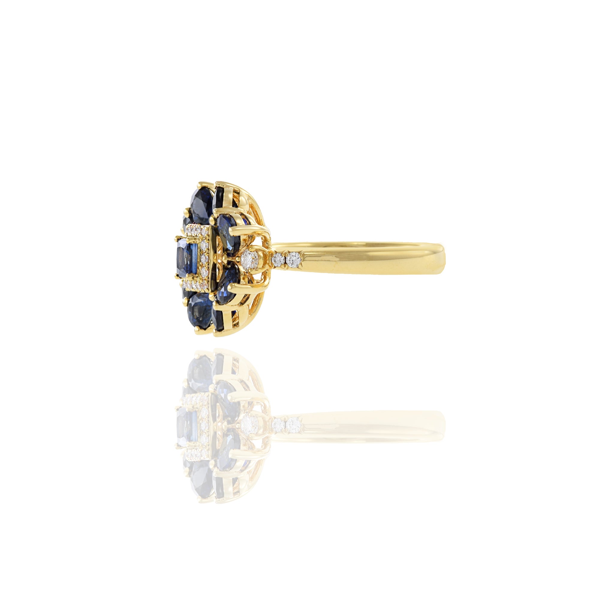 14KT Yellow Gold Blue Sapphire And Diamond Flower Ring