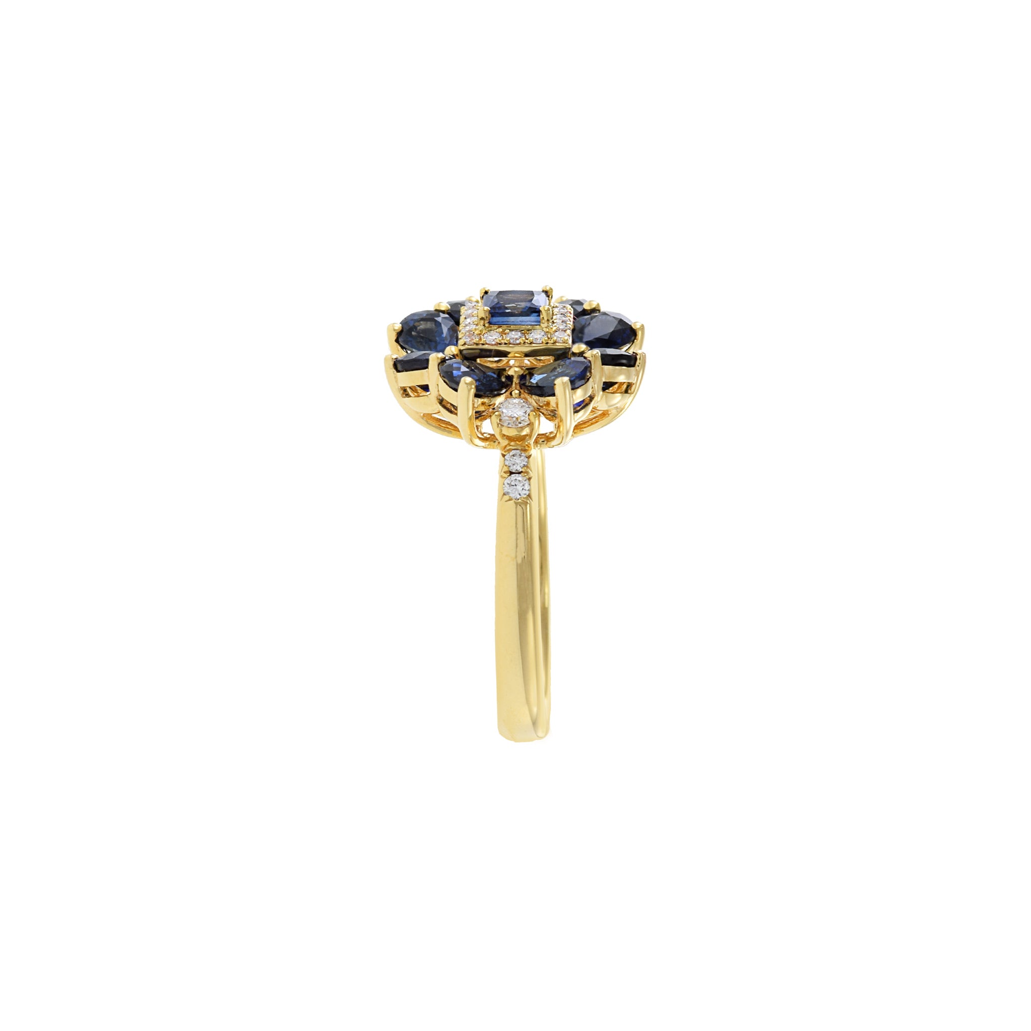 14KT Yellow Gold Blue Sapphire And Diamond Flower Ring