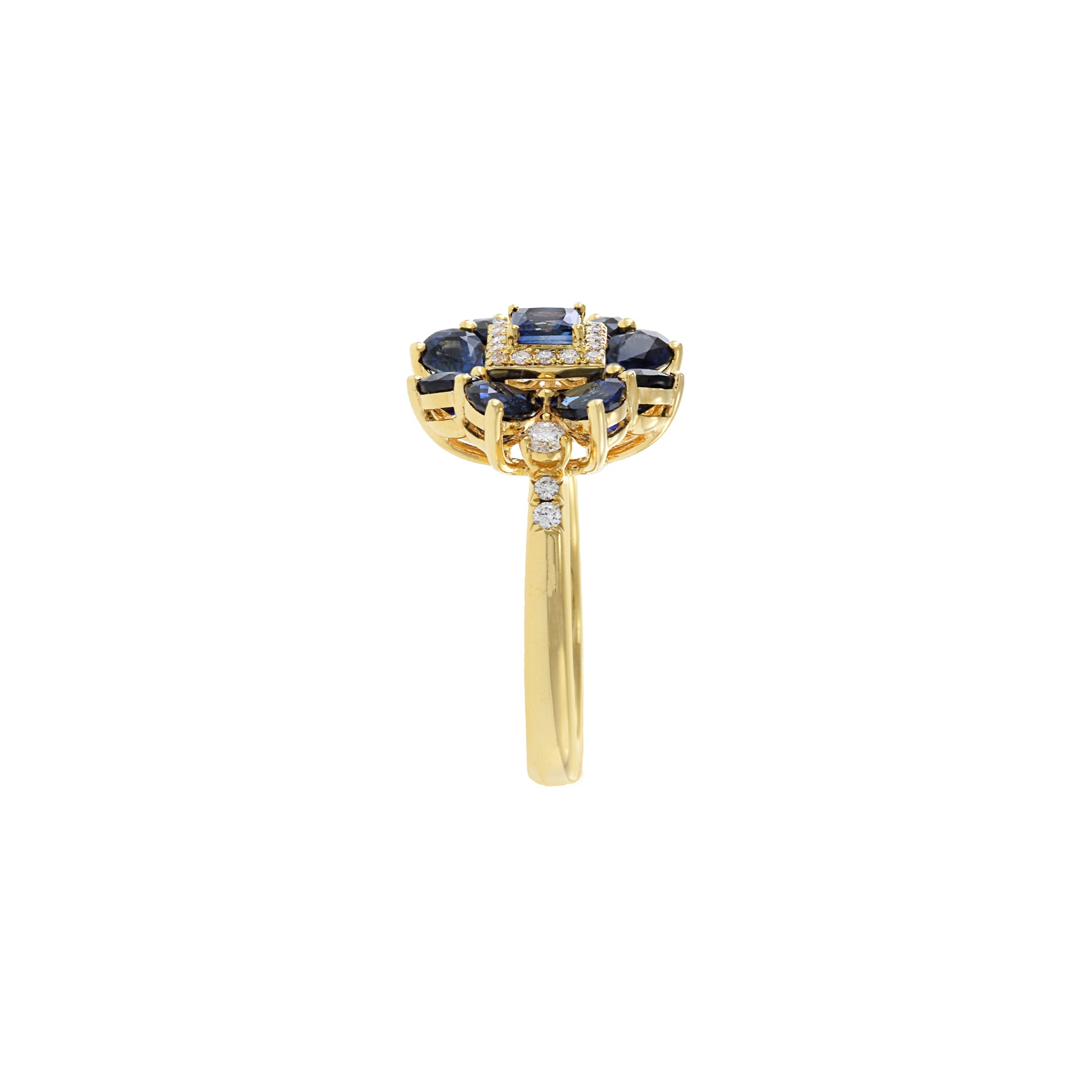 14KT Yellow Gold Blue Sapphire And Diamond Flower Ring
