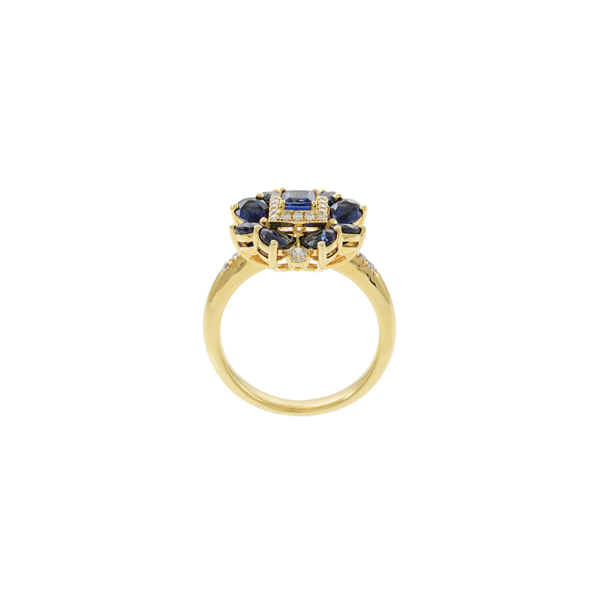 14KT Yellow Gold Blue Sapphire And Diamond Flower Ring