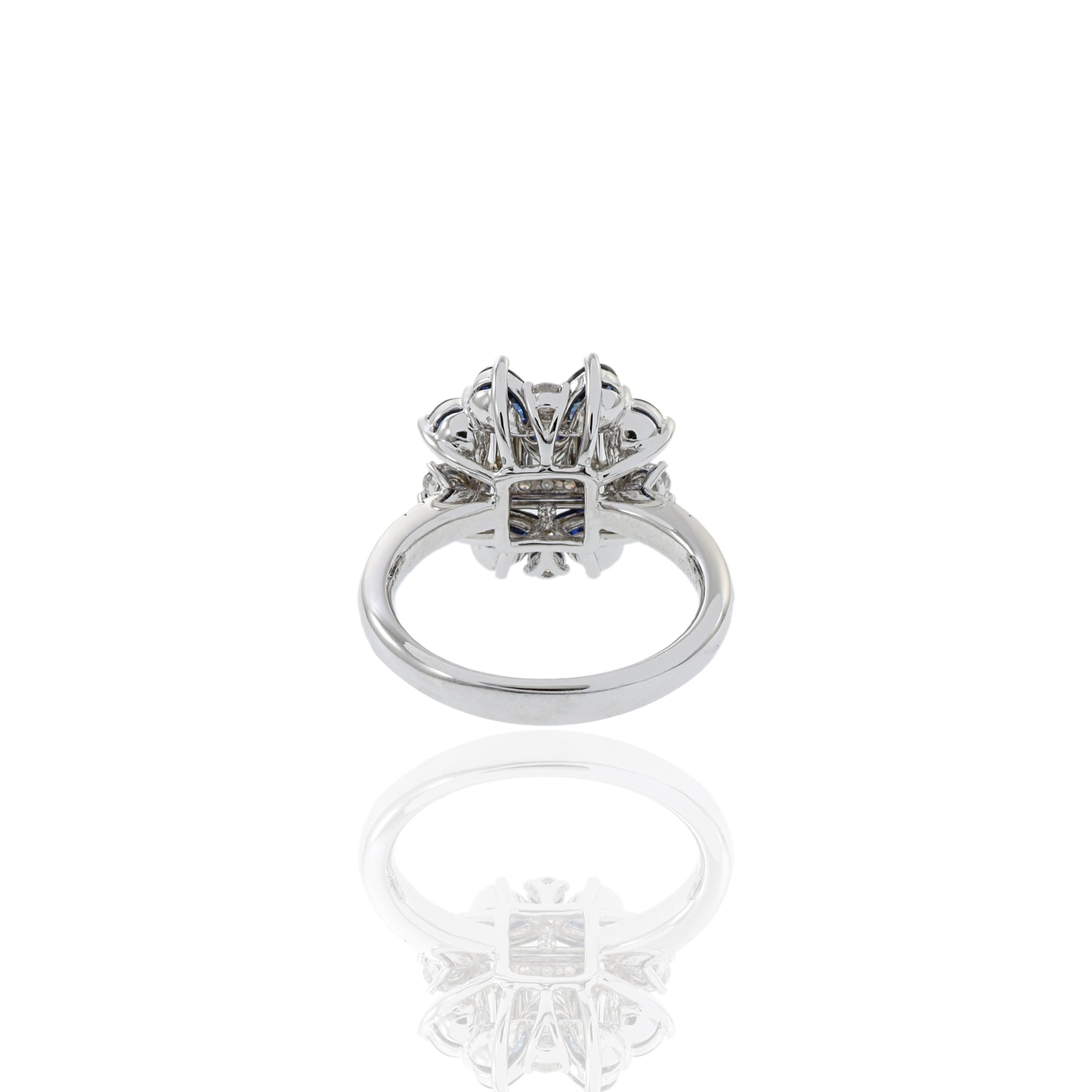 14KT White Gold Blue Sapphire And Flower Diamond Ring