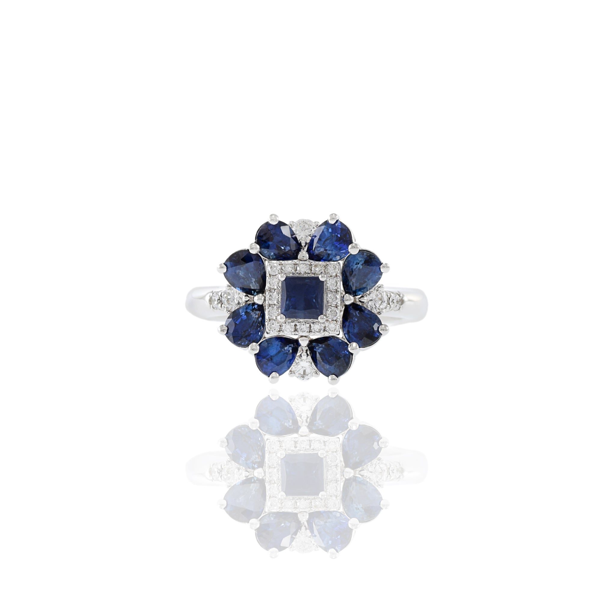 14KT White Gold Blue Sapphire And Flower Diamond Ring