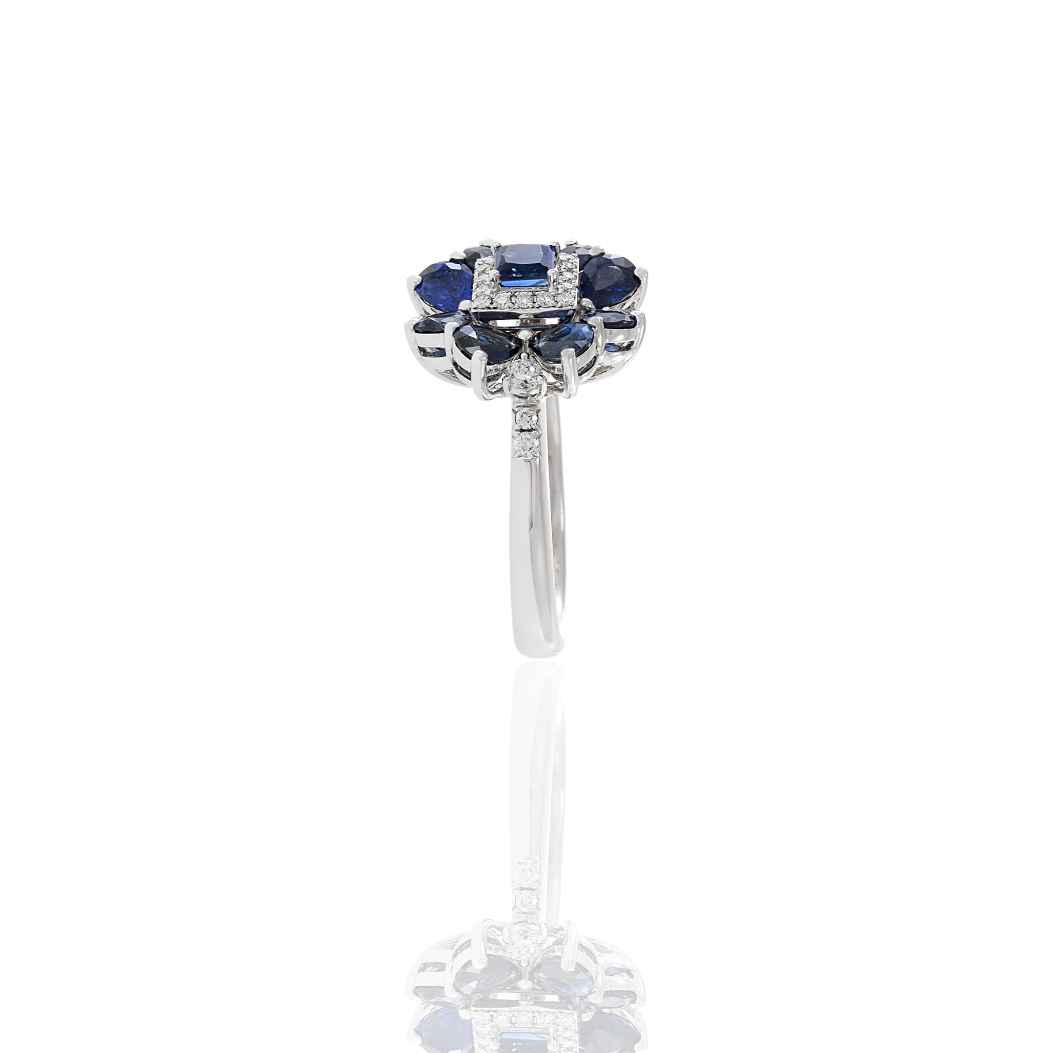 14KT White Gold Blue Sapphire And Flower Diamond Ring