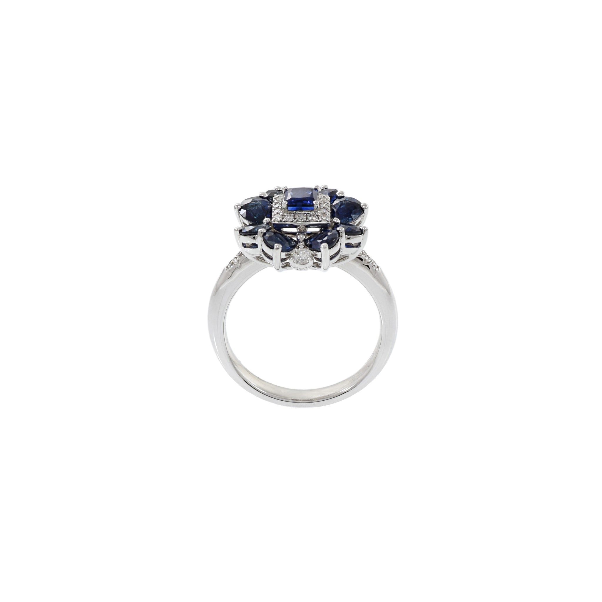 14KT White Gold Blue Sapphire And Flower Diamond Ring