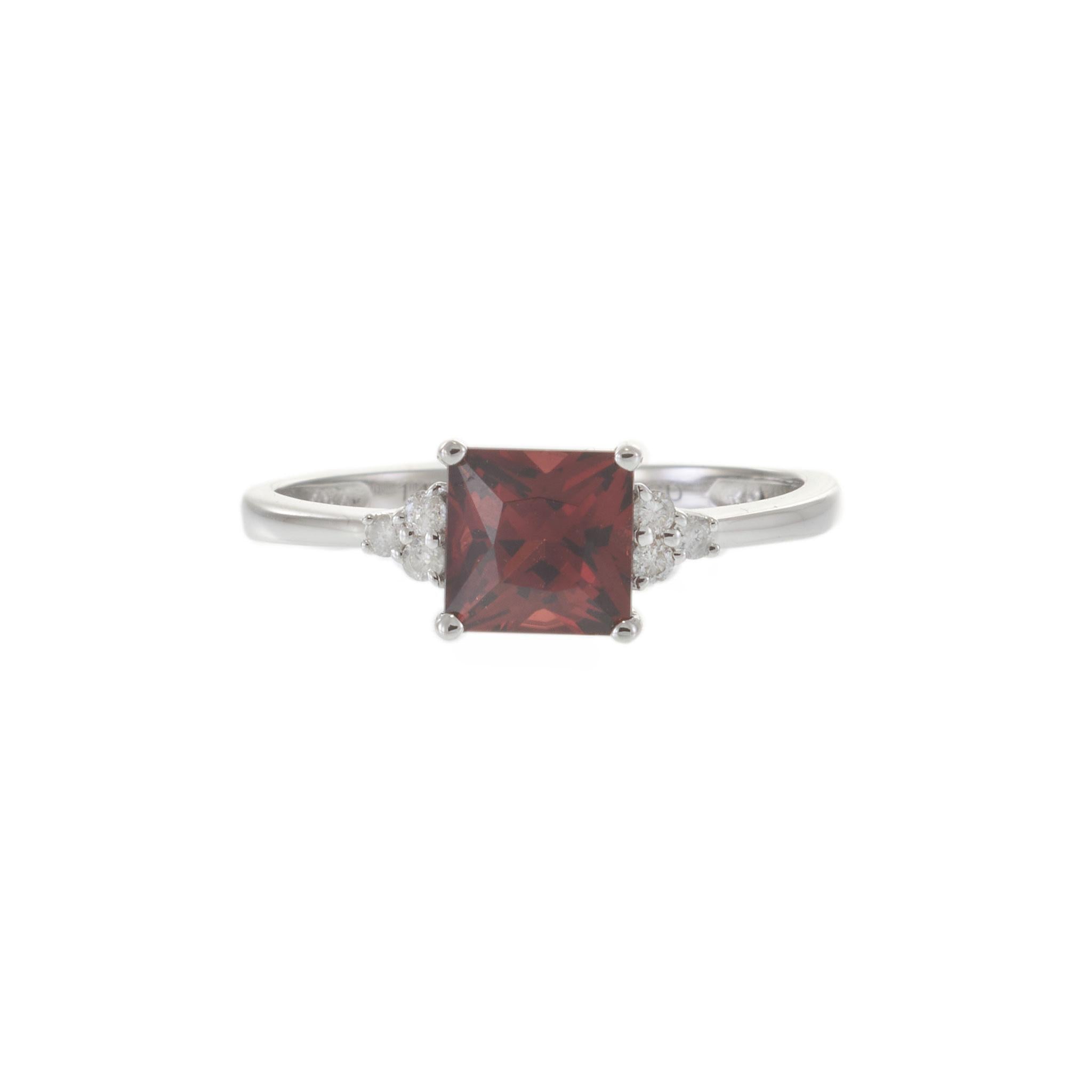 14KT White Gold Square Cut Garnet and Diamond Ring