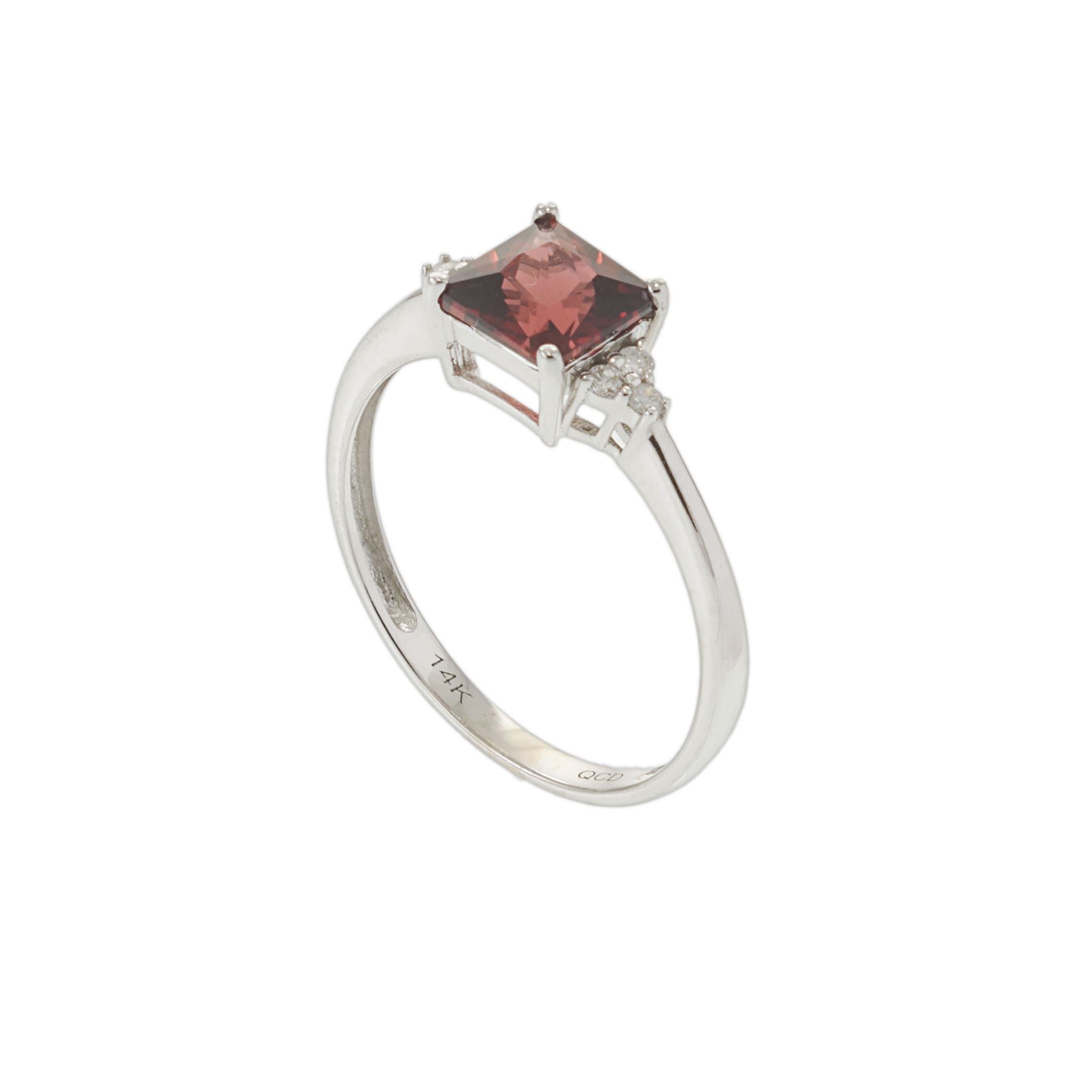 14KT White Gold Square Cut Garnet and Diamond Ring