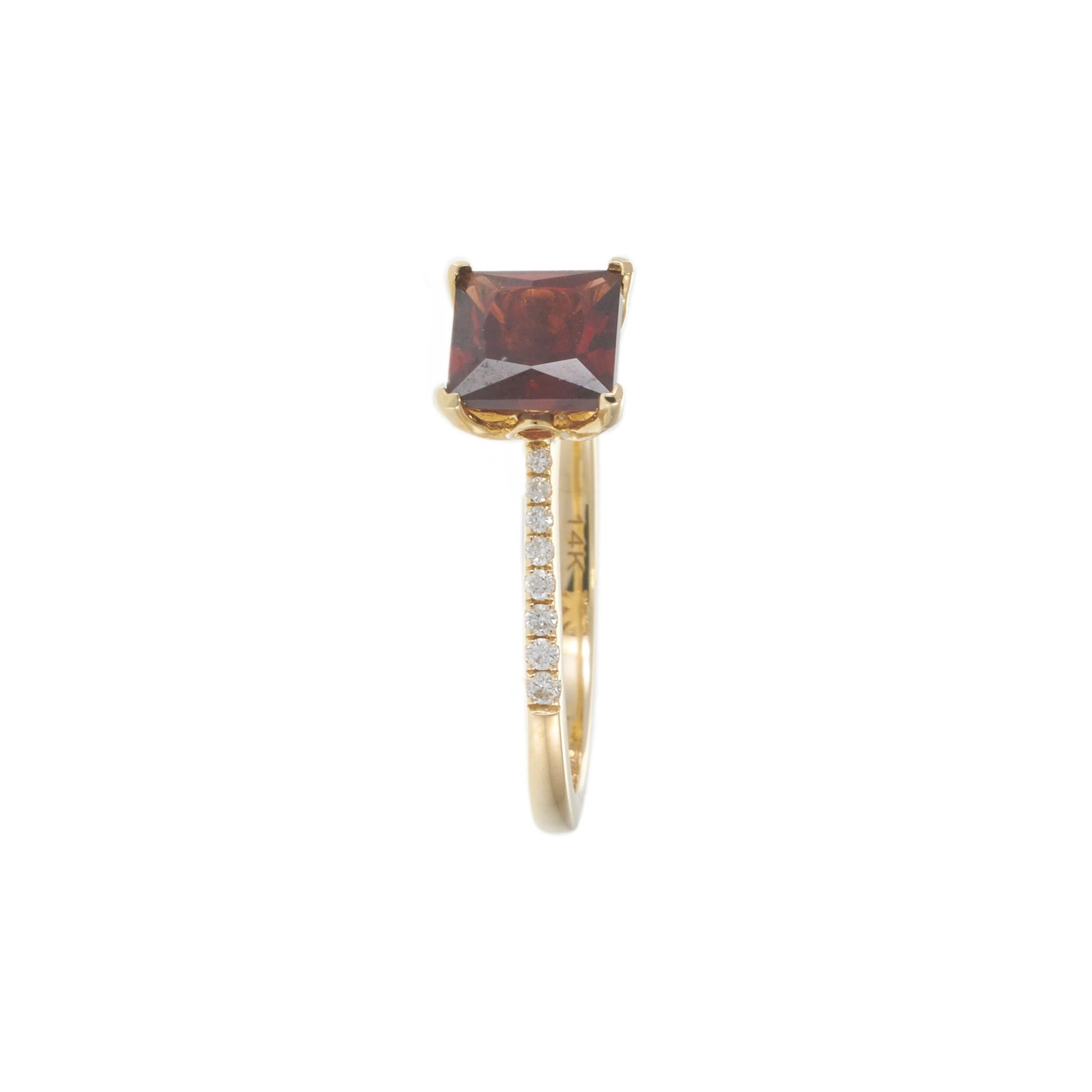 14KT Yellow Gold Square Cut Garnet and Diamond Pavé Ring
