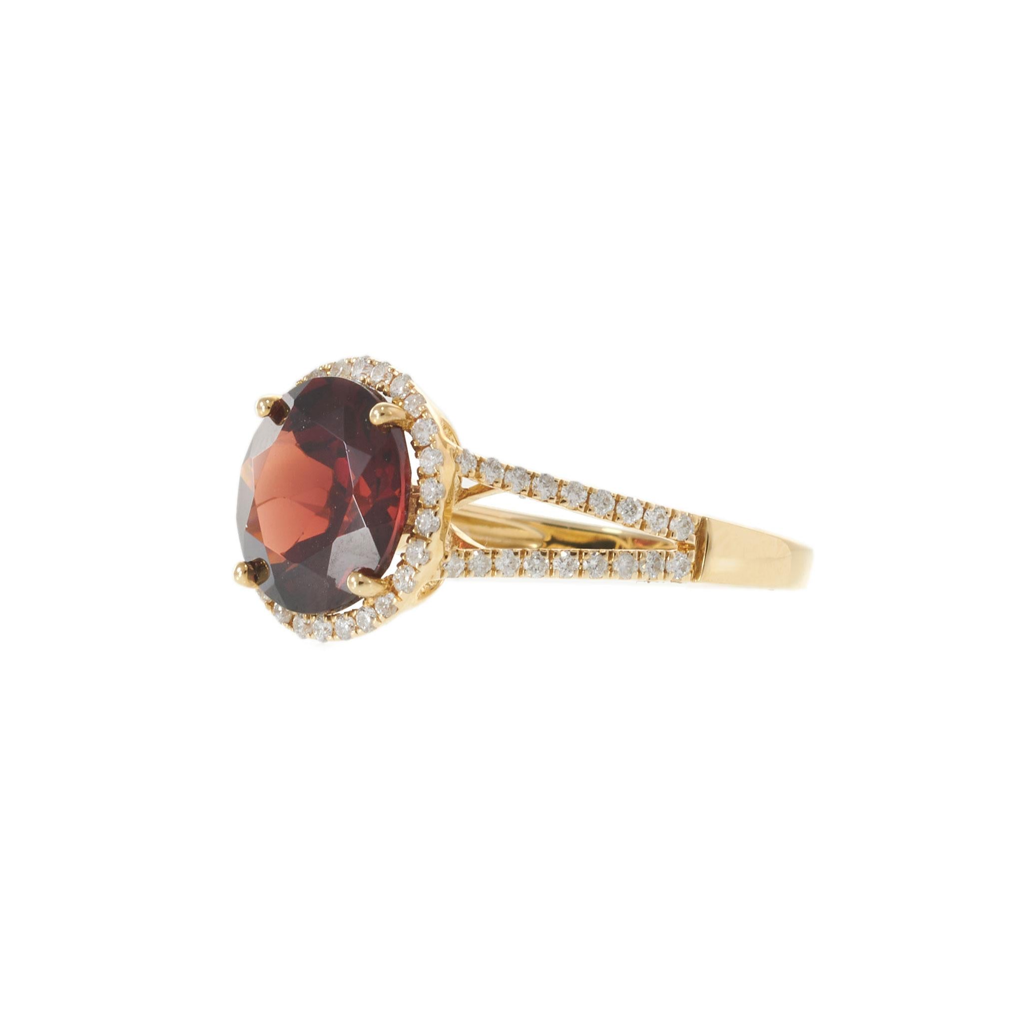 14KT Yellow Gold 4.21CT Round Garnet Diamond Halo Split Shank Ring