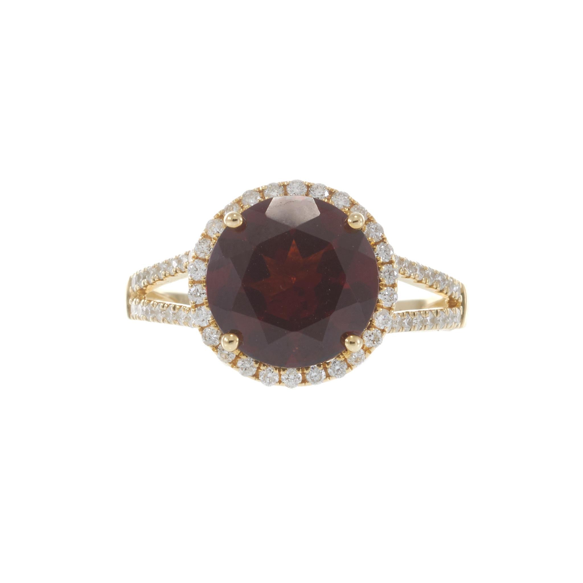 14KT Yellow Gold 4.21CT Round Garnet Diamond Halo Split Shank Ring