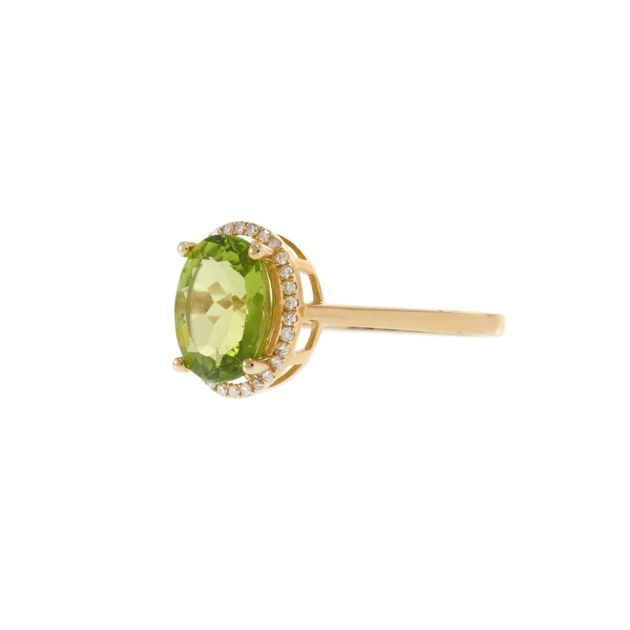 14KT Yellow Gold Oval Peridot Diamond Halo Ring Plain Shank