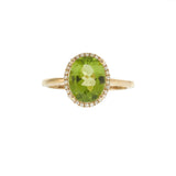 14KT Yellow Gold Oval Peridot Diamond Halo Ring Plain Shank
