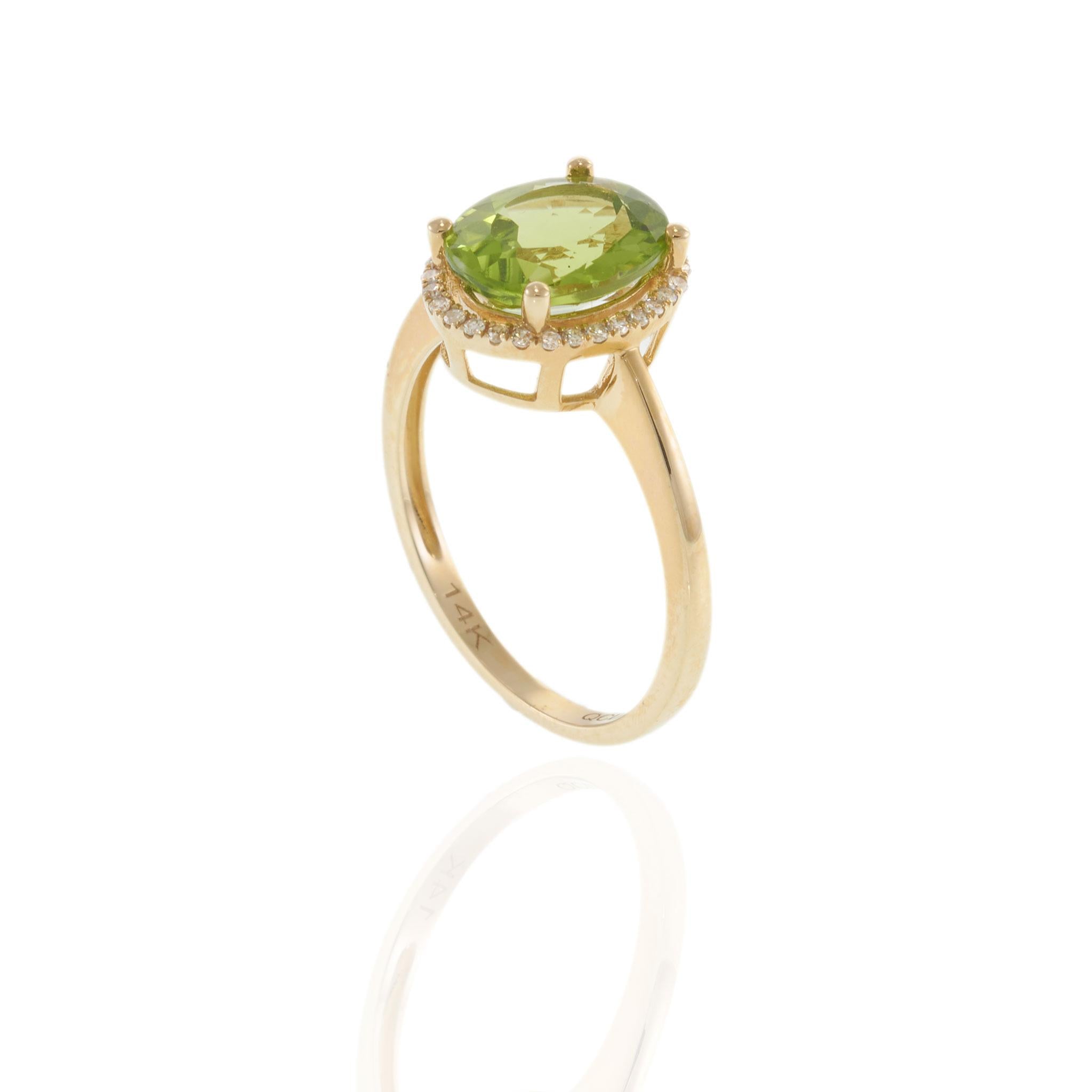 14KT Yellow Gold Oval Peridot Diamond Halo Ring Plain Shank