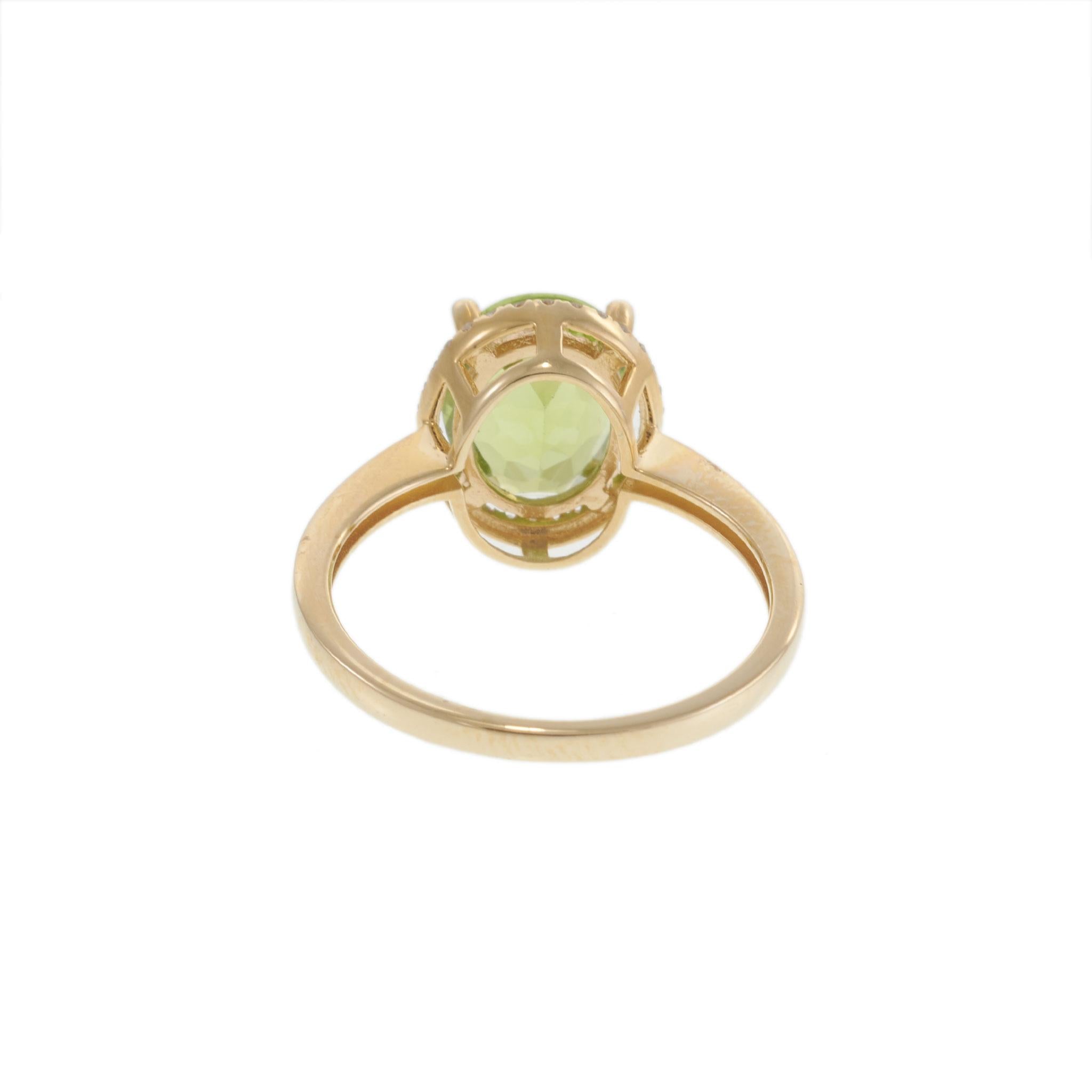 14KT Yellow Gold Oval Peridot Diamond Halo Ring Plain Shank