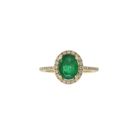 14KT Yellow Gold Oval Cut Emerald and Diamond Halo Ring