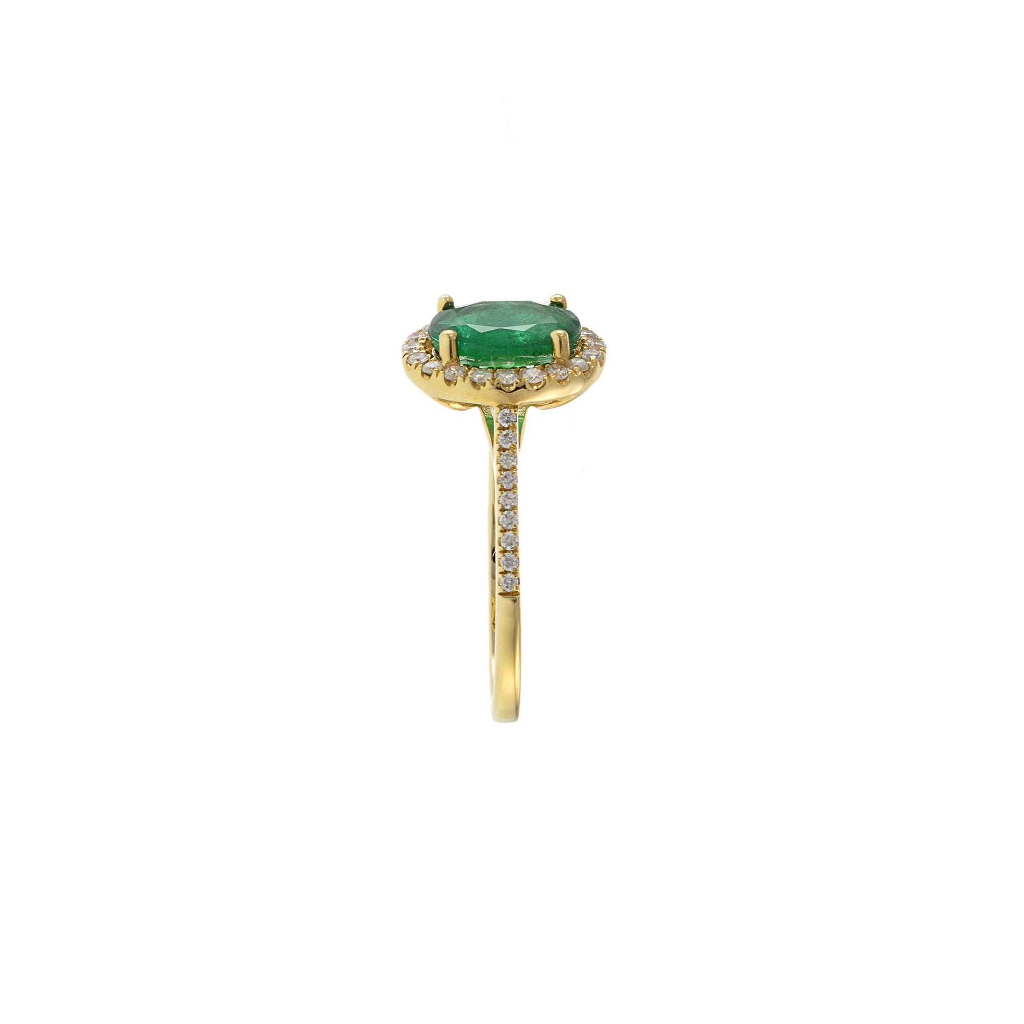 14KT Yellow Gold Oval Cut Emerald and Diamond Halo Ring