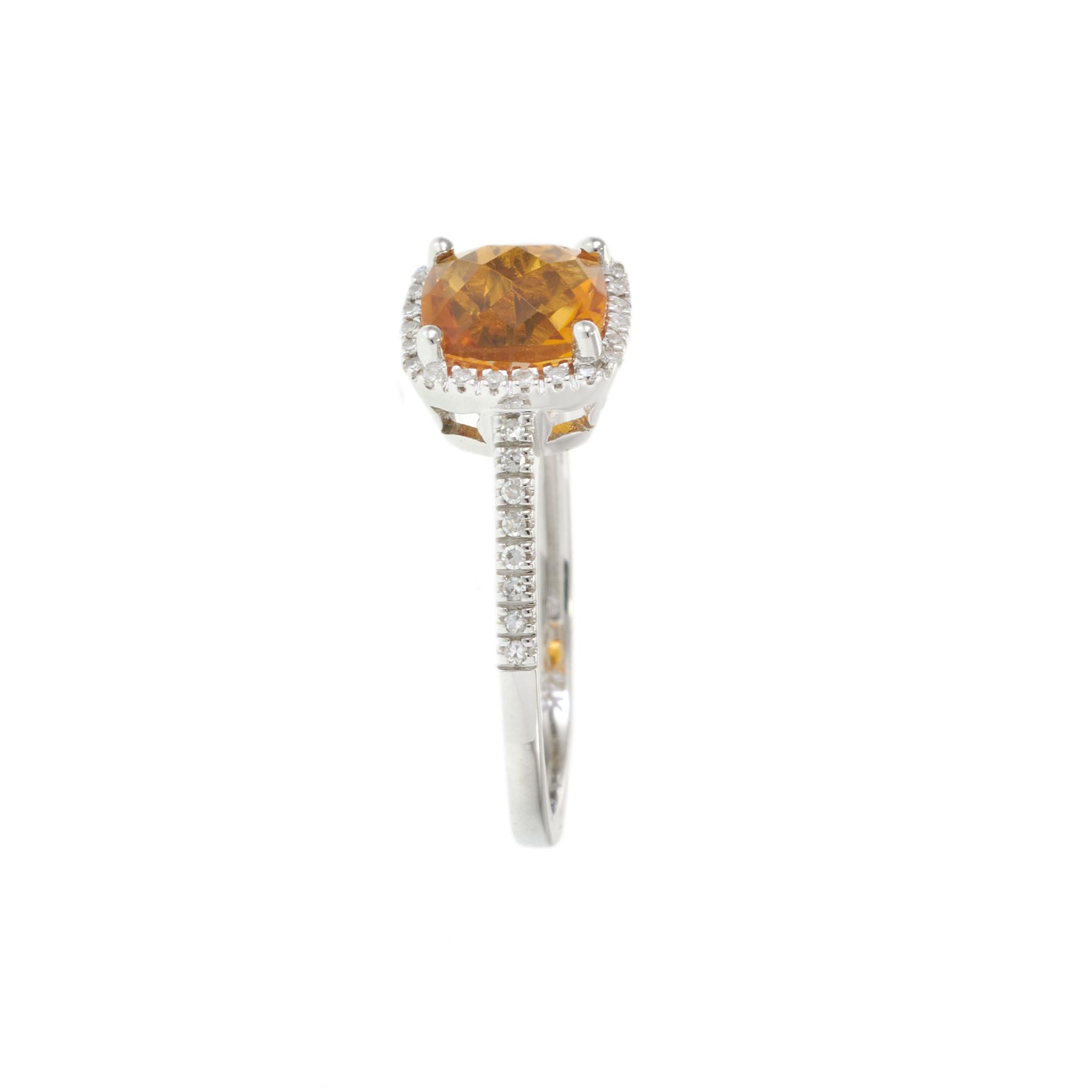 14KT White Gold Checkerboard Citrine and Diamond Square Halo Ring