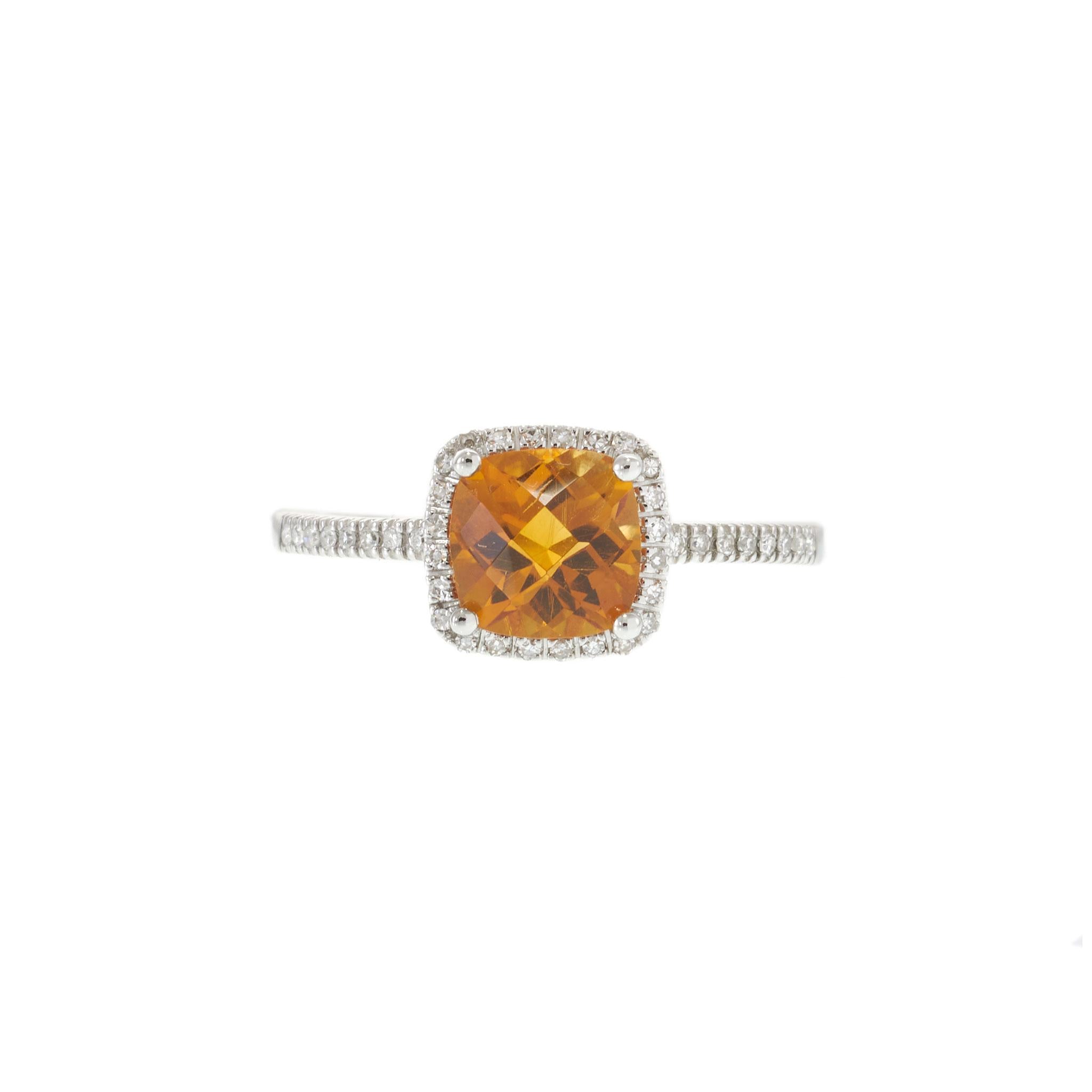 14KT White Gold Checkerboard Citrine and Diamond Square Halo Ring