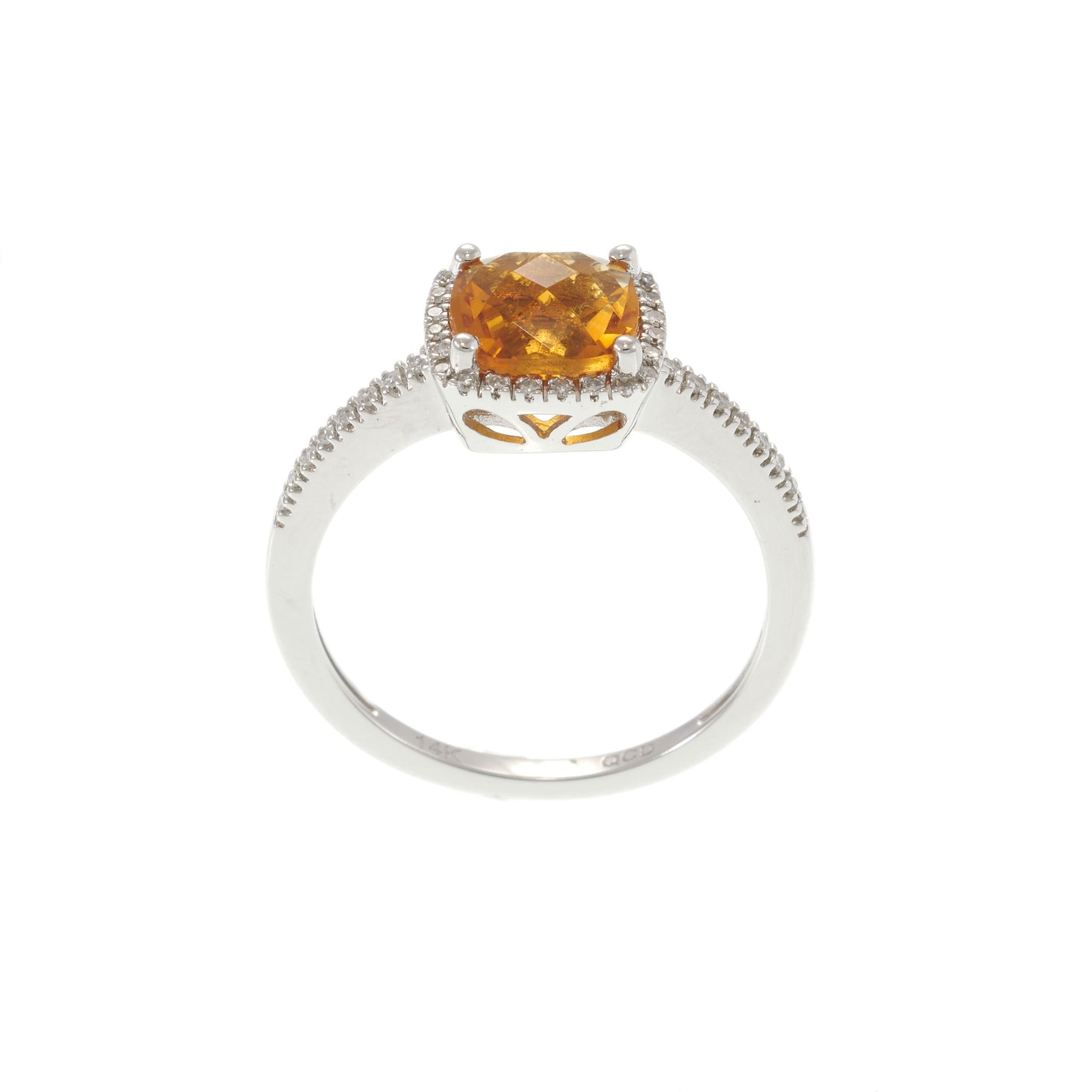 14KT White Gold Checkerboard Citrine and Diamond Square Halo Ring