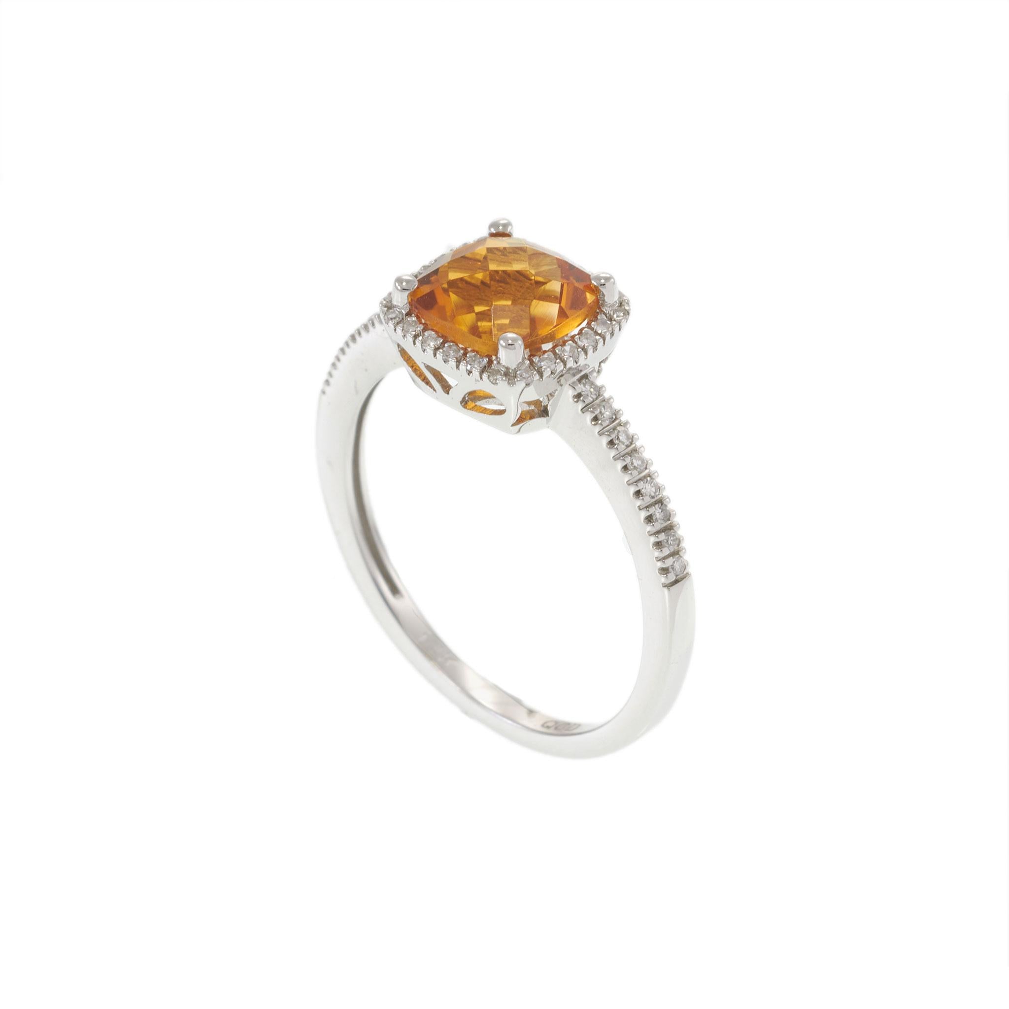 14KT White Gold Checkerboard Citrine and Diamond Square Halo Ring