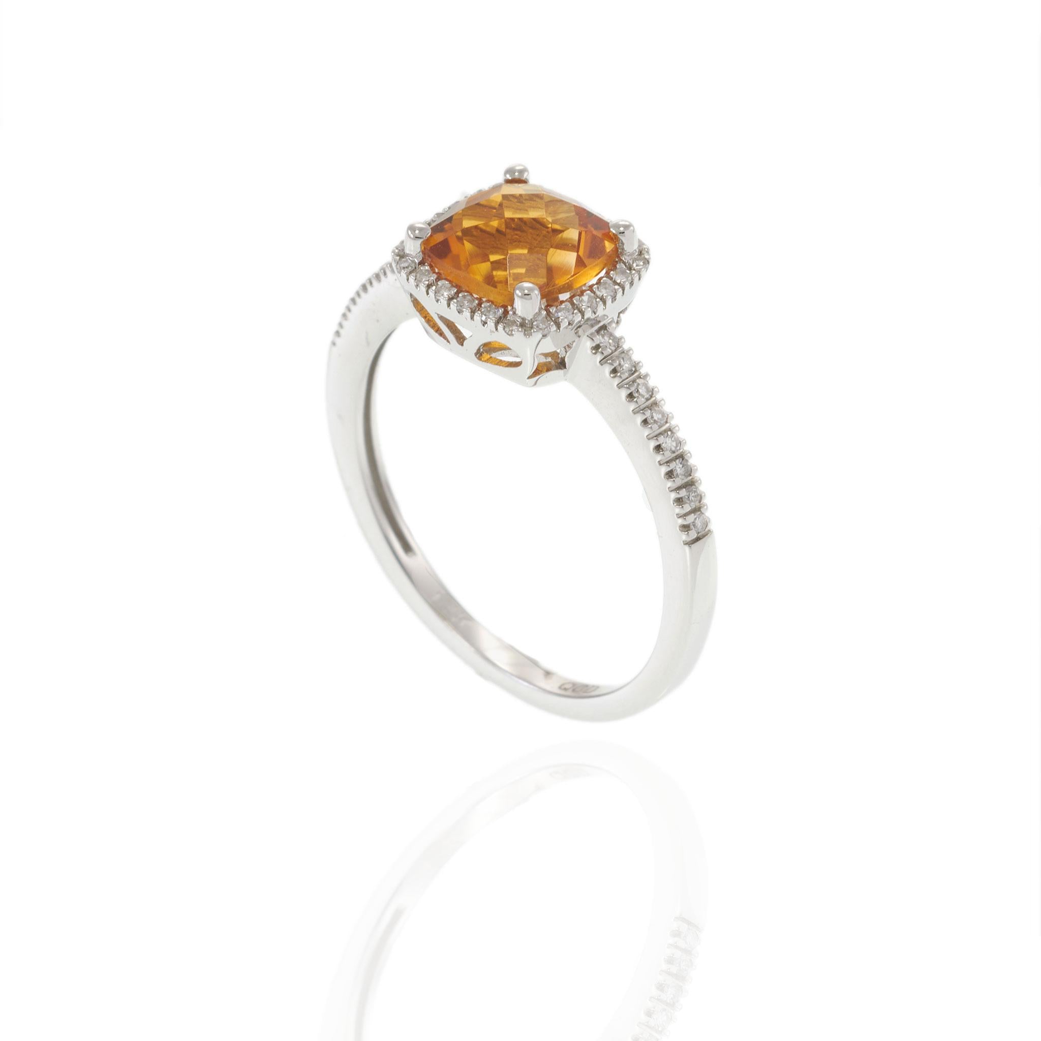14KT White Gold Checkerboard Citrine and Diamond Square Halo Ring